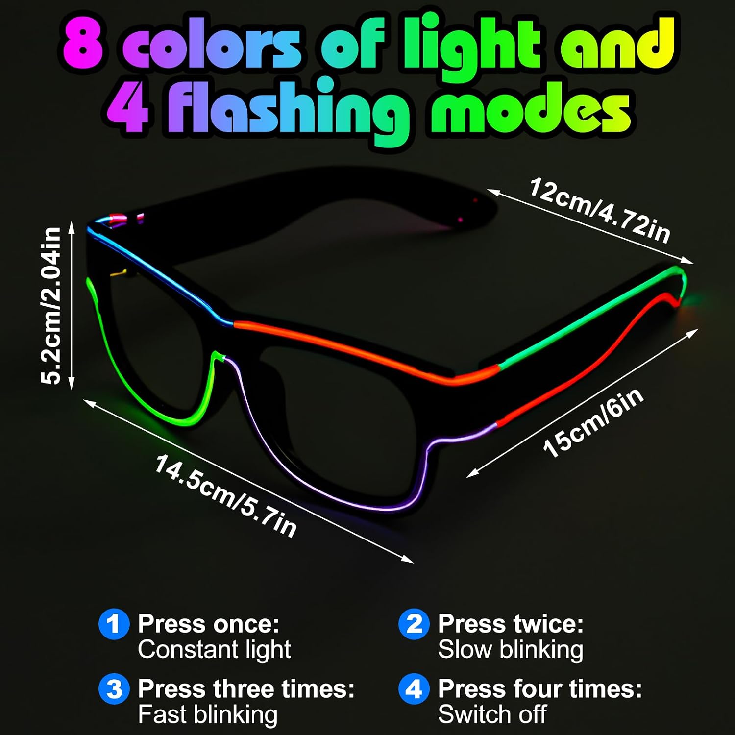 XGOOD Multi-Color (8 Colors) Light Up Glasses w/o Cable | Multi-Color (8 Colors) LED Glasses Neon Glow Glasses for KTV, EDM, Rave Parties and Cosplay