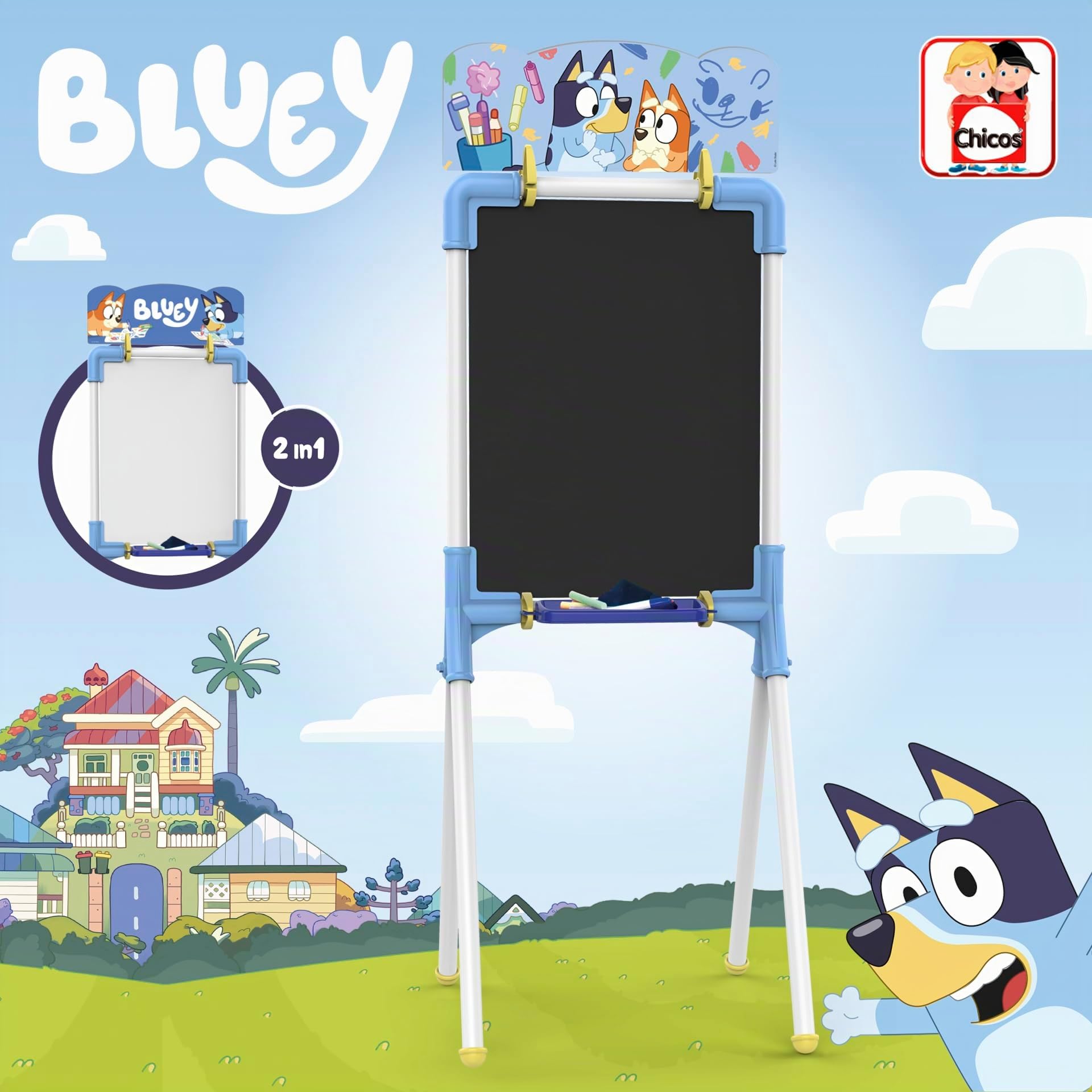 Chicos - Lavagna per Bambini Bluey 2 in 1 | Cavalletto Pittura Reversibile con Gessi e Pennarelli | Giochi Educativi Creativi | Per bambini 3 anni (53053)