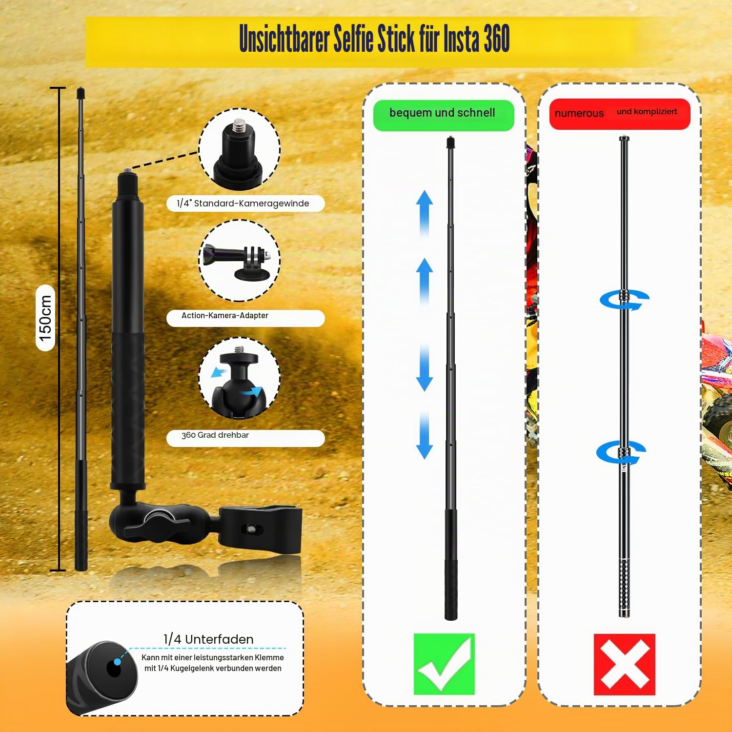 Motorrad Doppelt Klemme Halterung Kit mit 59" Unsichtbarem Selfie Stick kompatibel für Insta 360 X5 X4 X3 X2 X ONE RS R GO 3 Aluminium Legierung Hochbelastbar Lenker Klemme Halterung Zubehör