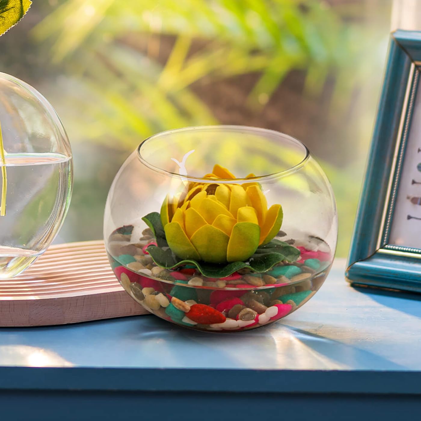 Tied Ribbons Decorative Round Glass Vase with Artificial Lotus Flower and Natural Stones for Home Decor Living Room Bedroom Office Hall Pooja Room Gift Item 2