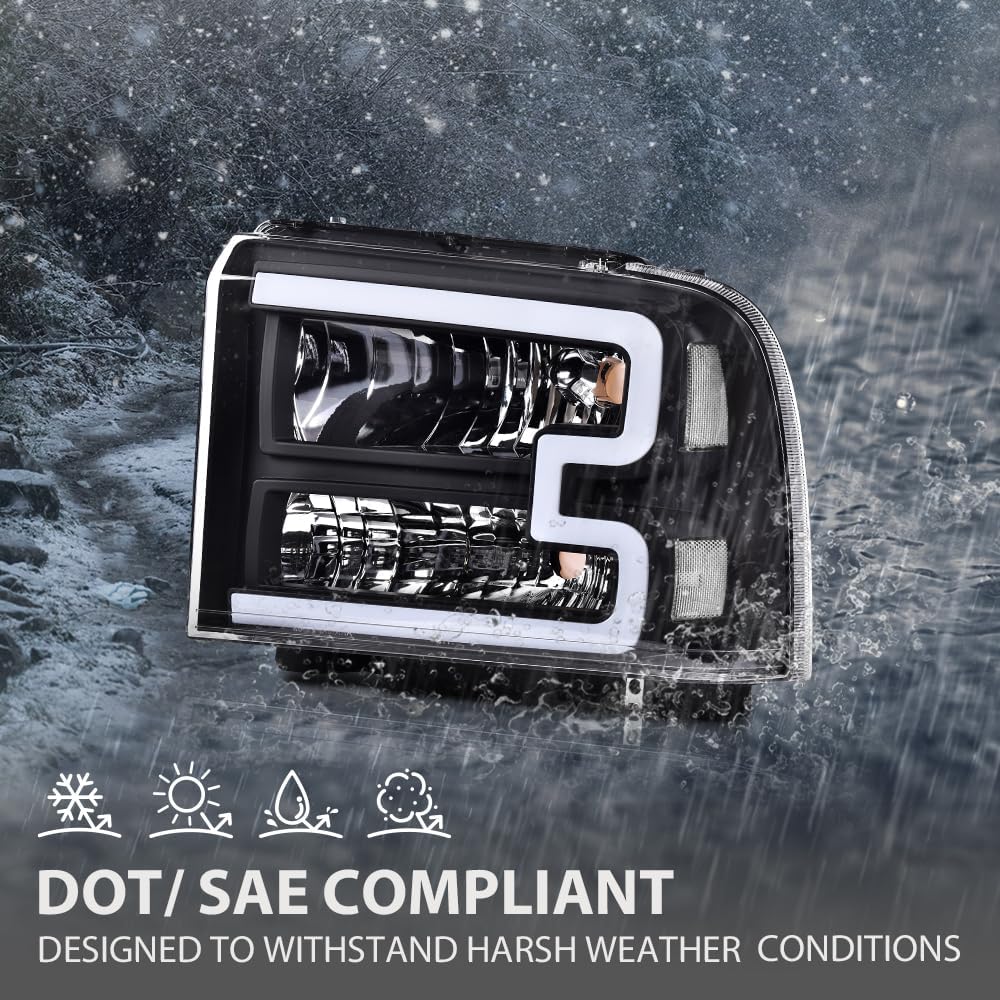 LED DRL Headlight Assembly Left & Right Compatible with Ford F250 F350 F450 F550 Super Duty 2005-2007/Fit Ford Excursion 2005 Front Headlamp Clear lens Black Housing White Reflector
