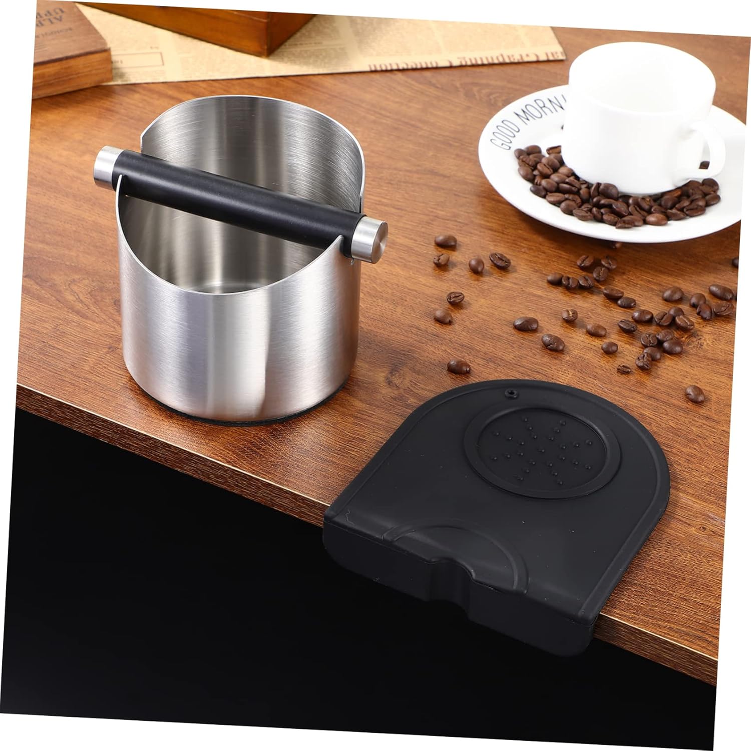 PRETYZOOM Coffee Grounds Container Stainless Steel Bin Removable Knock Bar and Non-slip Pad for Quiet Use Cafes and Restaurants