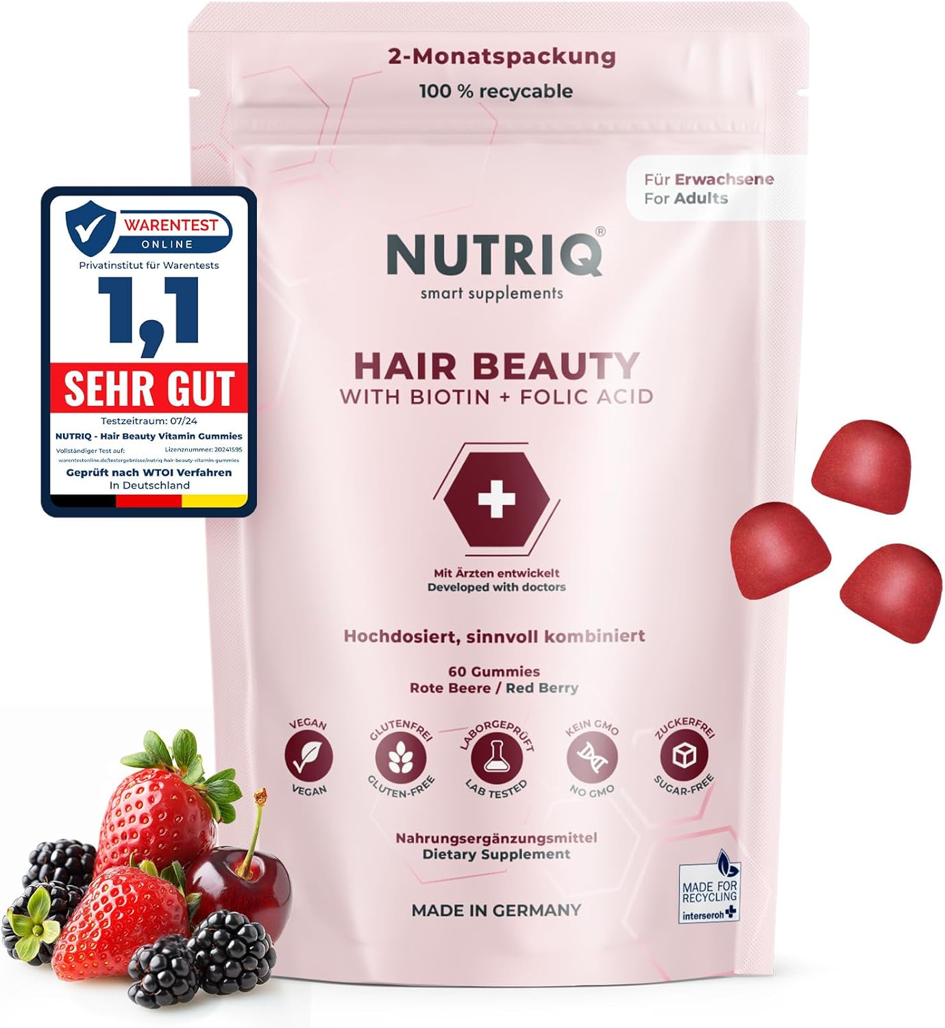 Haarvitaminen Gummies Hooggedoseerde Hair Beauty Vitaminen Gummies – 60 stuks (2 maandvoorraad) – voedingssupplement met biotine, vitaminen en zink – veganistisch zonder suiker – haarvitaminen