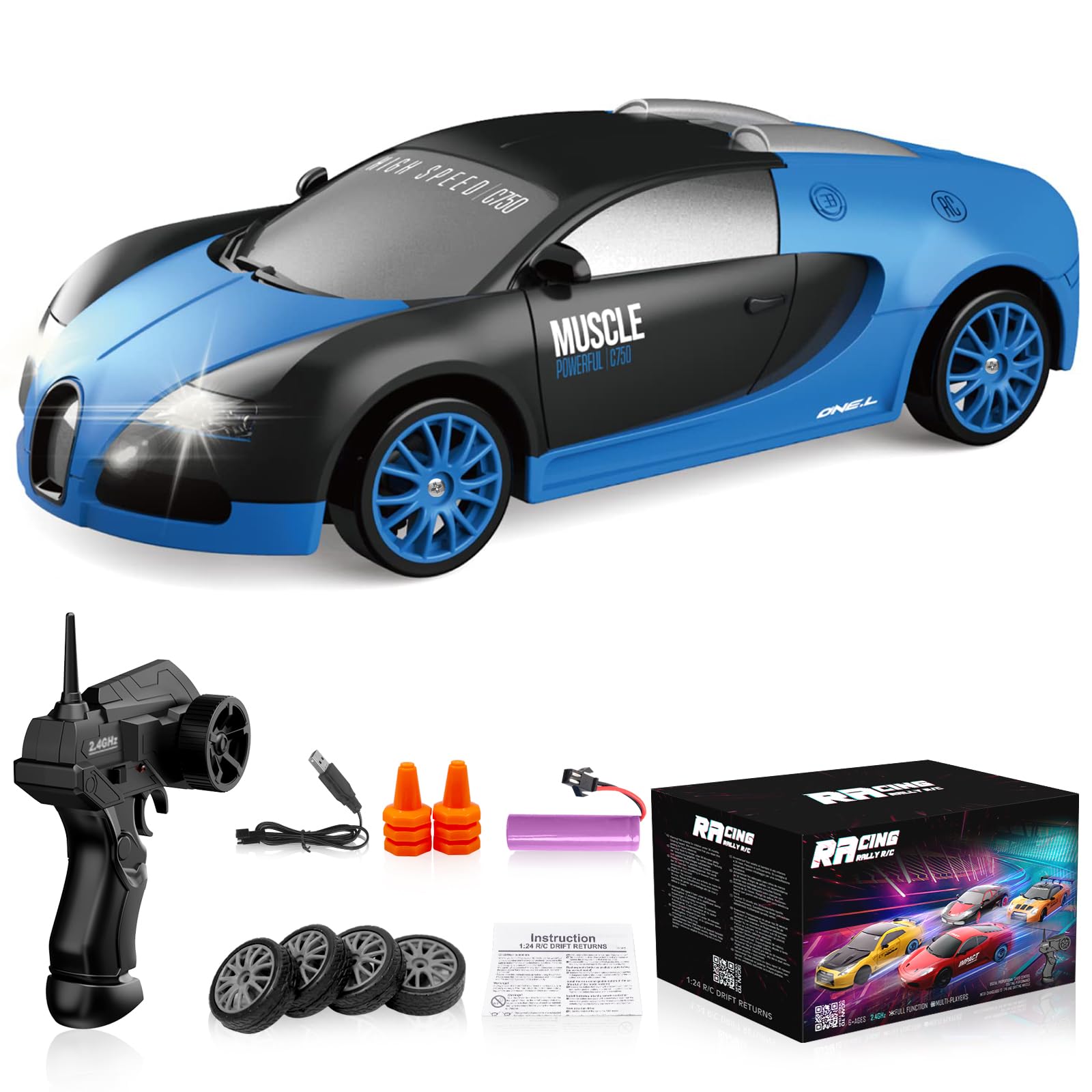 DesdoniRemote Control Car RC Drift Car 2.4GHz 1:24 Scale 4WD High Speed RC Cars Vehicle with LED Lights Batteries and Drifting Tires Racing Sport Toy Cars for Adults Boys Girls Kids Gift