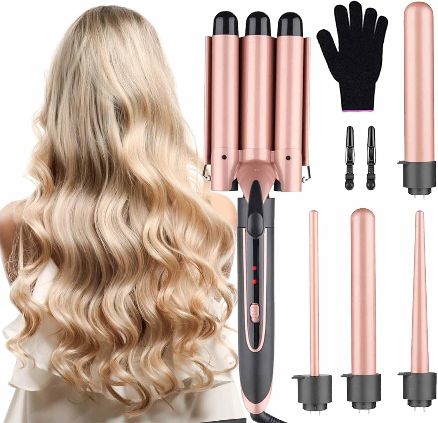 Curling Iron - 3 Barrel Hair Crimper Iron - 5 in 1 Curling Wand Hair Wand with Fast Heating Up - Crimper Wand Curler for All Hair Types, Heat Protective Glove & 2 Clips Included