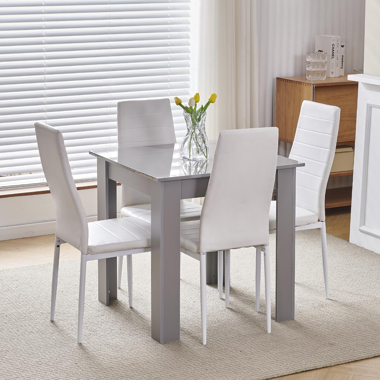 75x75 cm Small Dining Table and 4 Chairs, 4 Seater Table and Chairs Set Kitchen Dining Room Set for 4, Compact, Space Saving, Wooden, Glossing Tabletop Grey (4 Seats, Faux Leather Eggshell White)