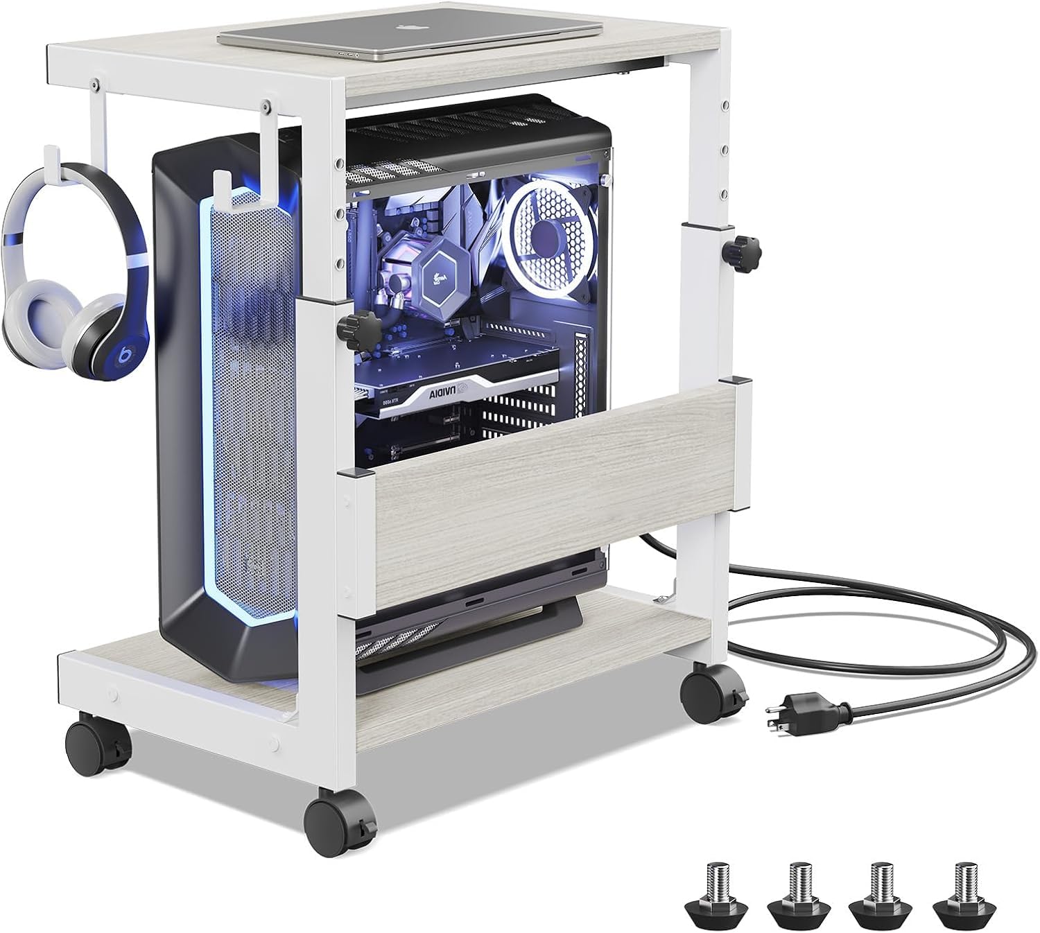 Höhenverstellbarer PC Ständer mit Rollen, 2 Haken, 2-stufig