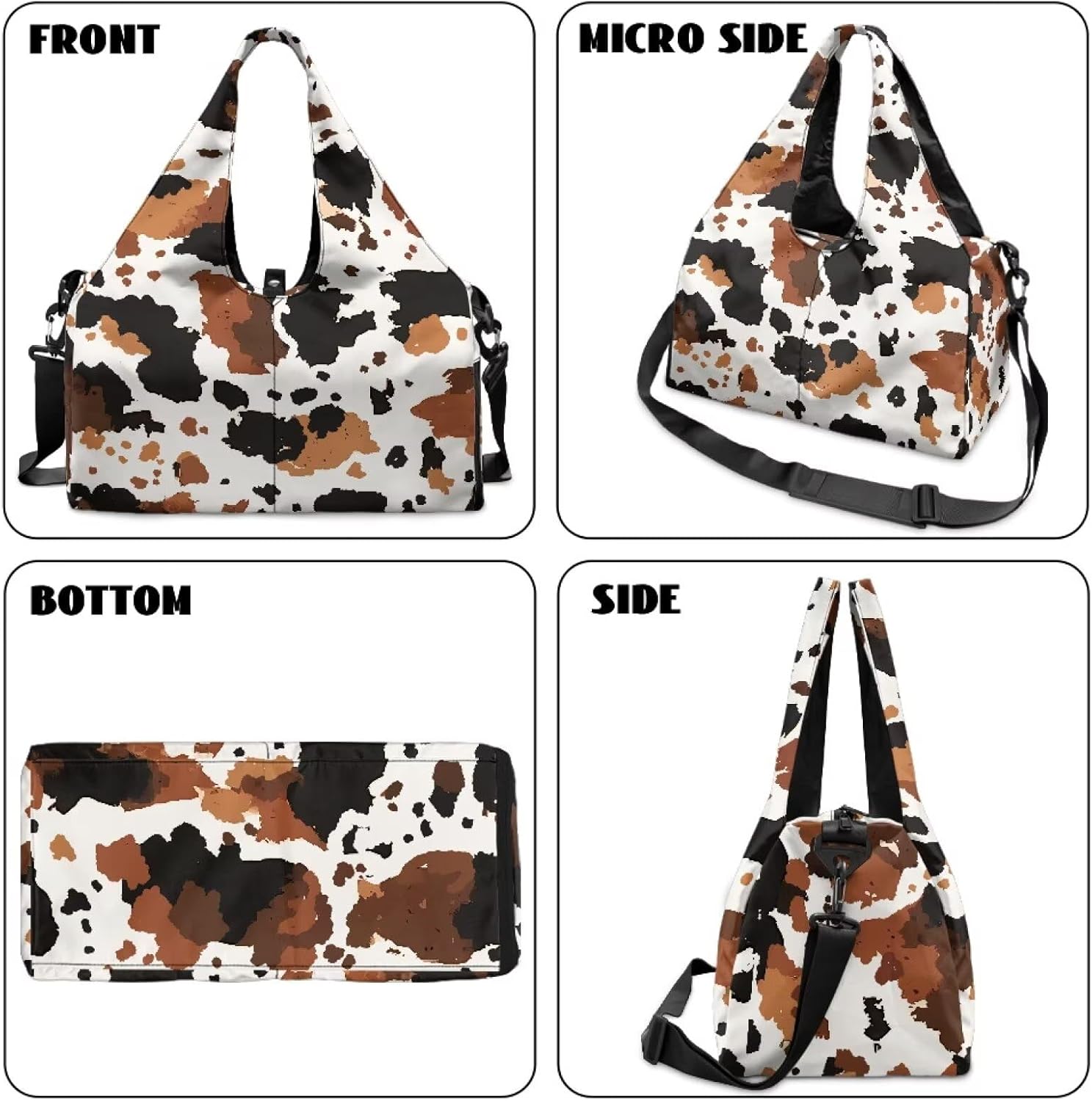Cow Print Gym Bag with Shoes Compartment, Gym Bags for Women with Yoga Mat, Detachable Strap, Ventilated Lightweight Overnight Bag