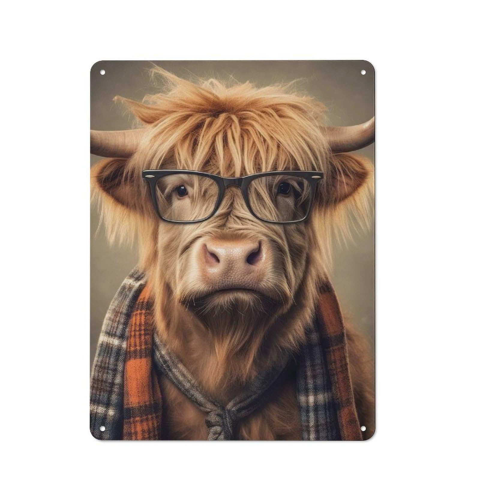 Funny Dressed Highland Cow Rustic Metal Plaque 40x30cm for Living Room Wall, Suited to Home Wall Decor Collectors