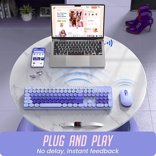 Vista 25 de Teclado y mouse inalámbricos, teclado silencioso y mouse combinados, teclado colorido de tamaño completo con teclas redondas, bonito mouse de 2.4 G