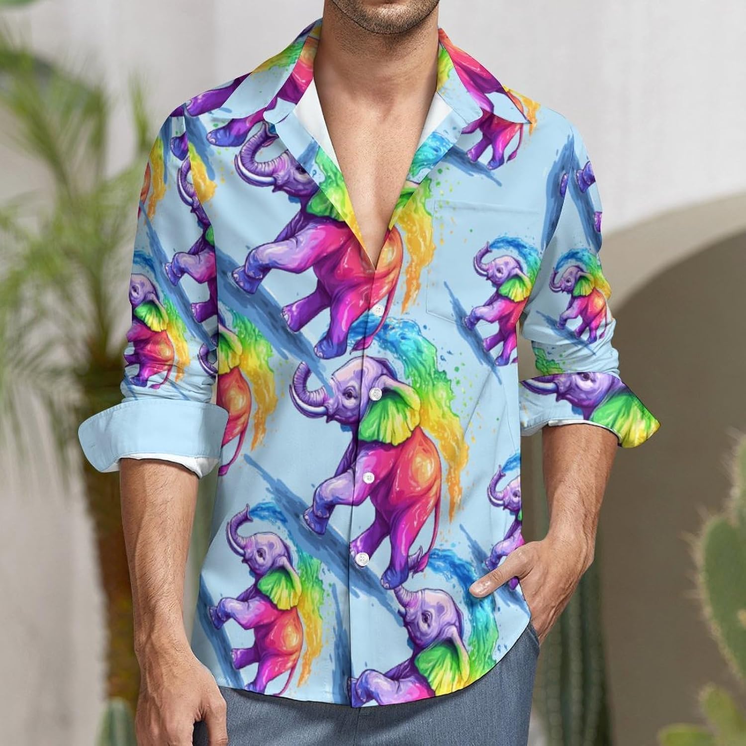 Colorful Elephant Long Sleeve Shirts Casual Dress Shirt Button-down T-shirts for Men