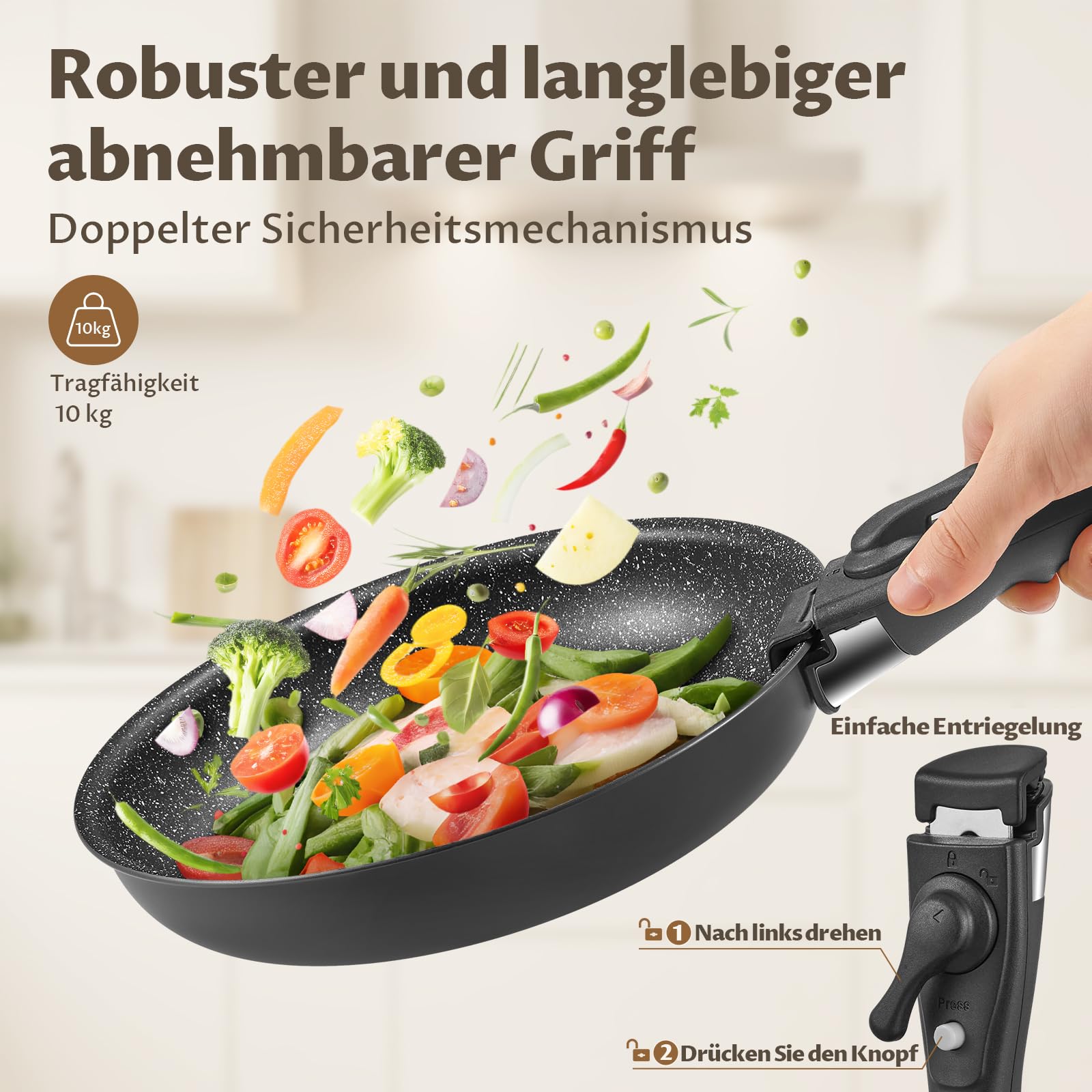 Fadware Pfannenset Induktion, Antihaftbeschichtete Bratpfanne 20, 24, 28 cm mit Abnehmbarem Griff für Kleine Küchen & Wohnmobile, Pfannen Set Stapelbar Platzsparend, für Alle Herdarten, Backofenfest