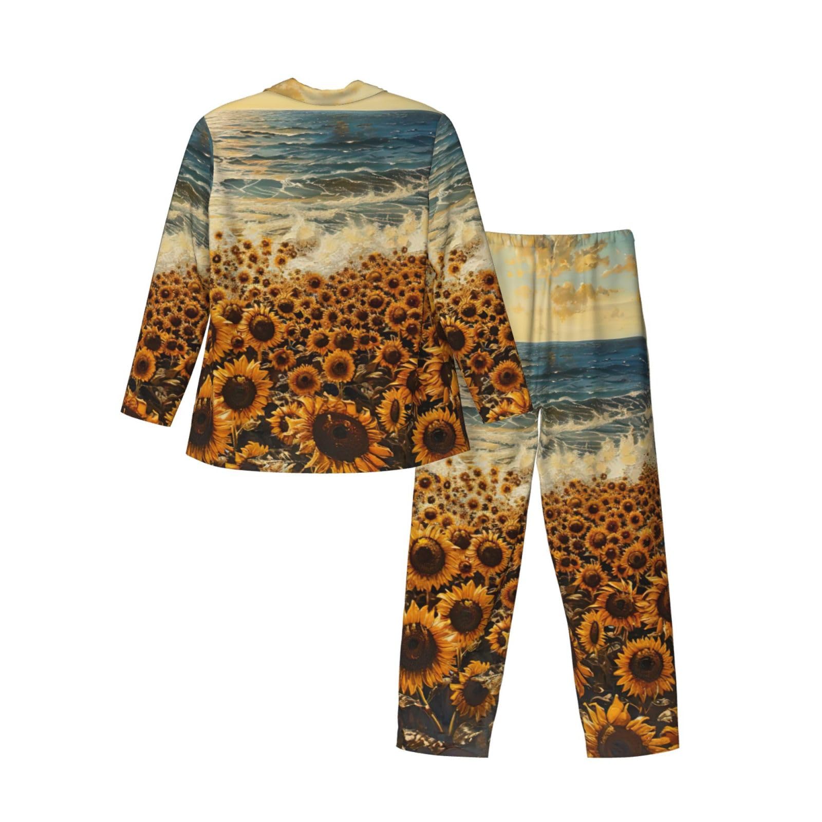 Set pigiama a maniche lunghe da uomo con stampa di girasoli marini vestito a due pezzi traspirante accogliente Weekend Loungewear