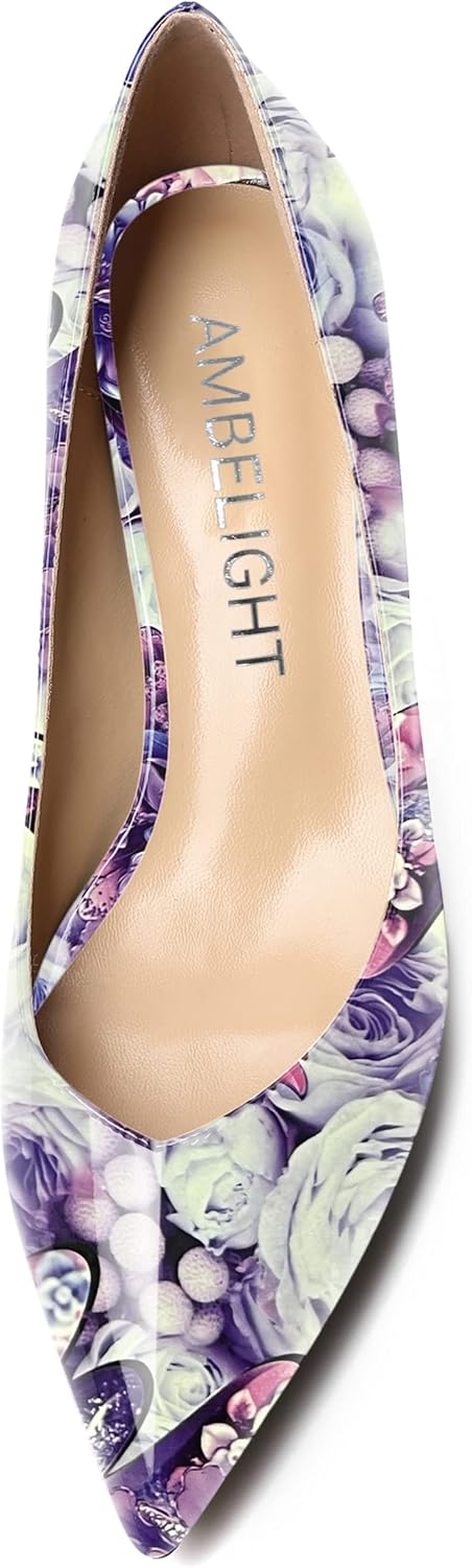 AMBELIGHT Womens Casual Slip On Pointed Toe Dress Shoes Patent Kitten Low Heel Pumps Shoes 2 Inch