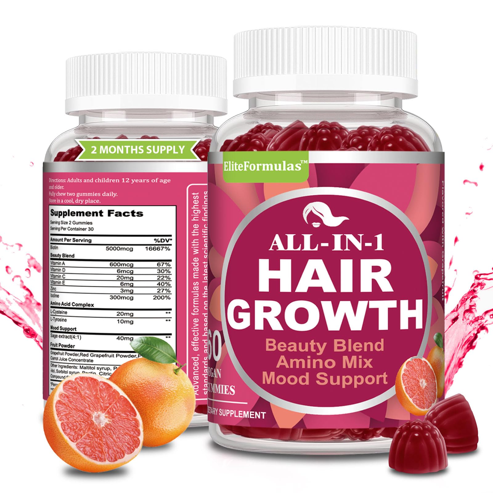 EliteFormulas Hair Growth Vegan Gummies 120 Counts Clinically Proven For Thicker Fuller Hair | Multivitamins Minerals | Amino Acids Complex | Sage Extracts | All-in-1 Hair Care Solution,2 Month Supply
