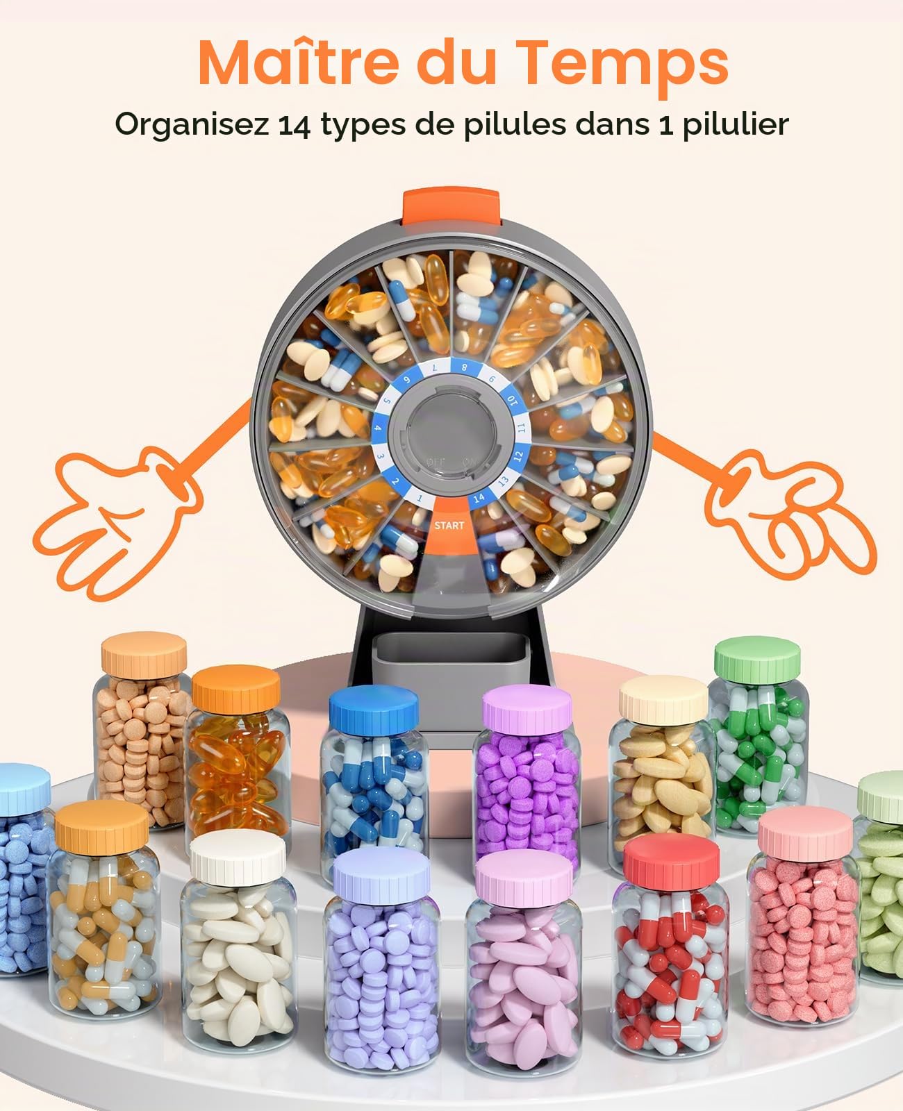 Daviky Grand pilulier quotidien avec fixation murale ou debout, design à bouton-poussoir, pour vitamines, médicaments, compléments, huile de poisson (gris)