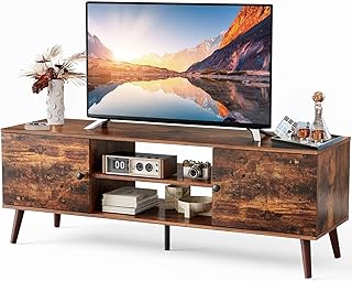 Sweetcrispy TV Stand for 55 60 inch TV, Modern Mid Century Entertainment Center with Storage, Media Console Table 2 Cabinet, Soft Hinge, Handle Door, Wooden Living Room, Office Furniture, Rustic Brown