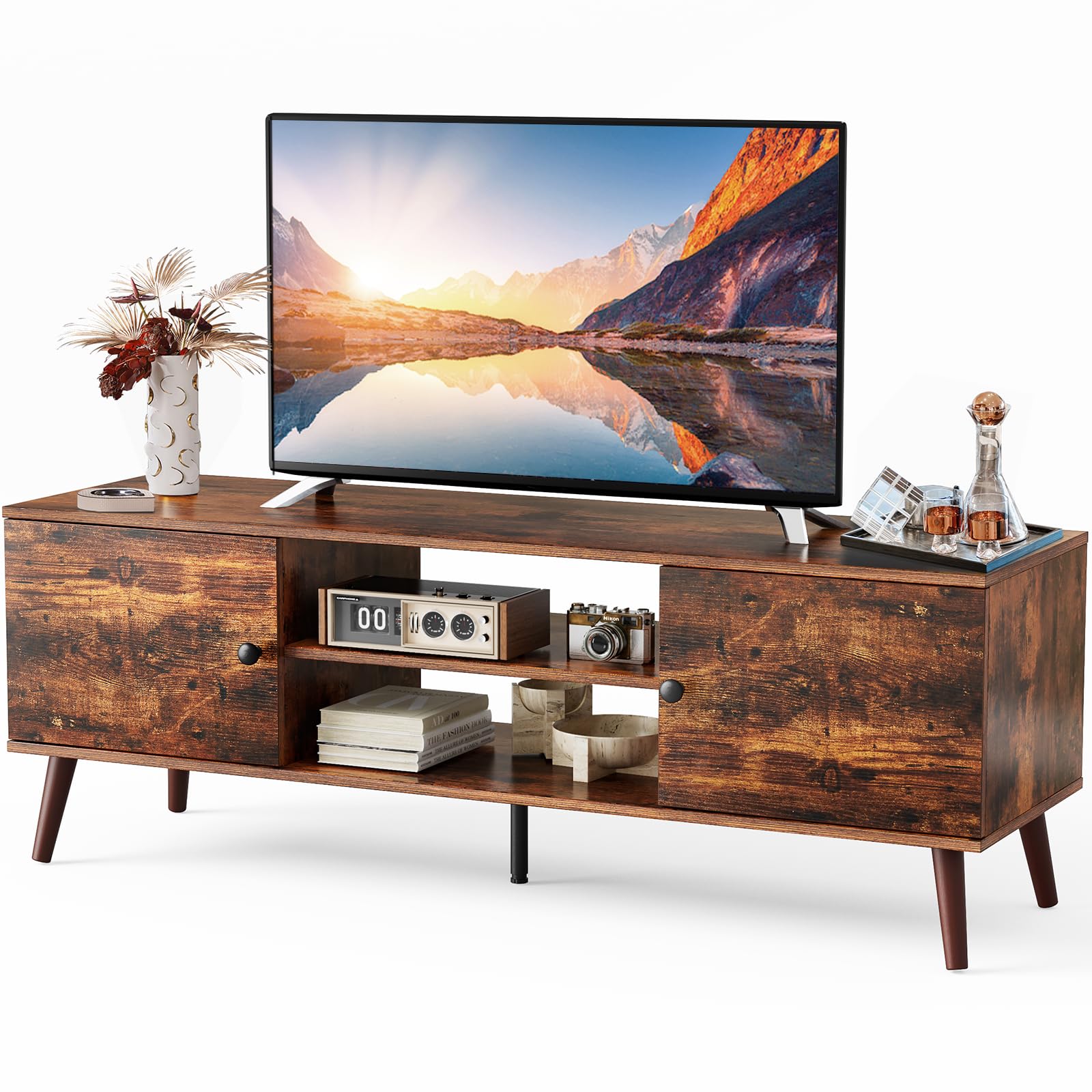 Sweetcrispy TV Stand for 55 60 inch TV, Modern Mid Century Entertainment Center with Storage, Media Console Table 2 Cabinet, Soft Hinge, Handle Door,
