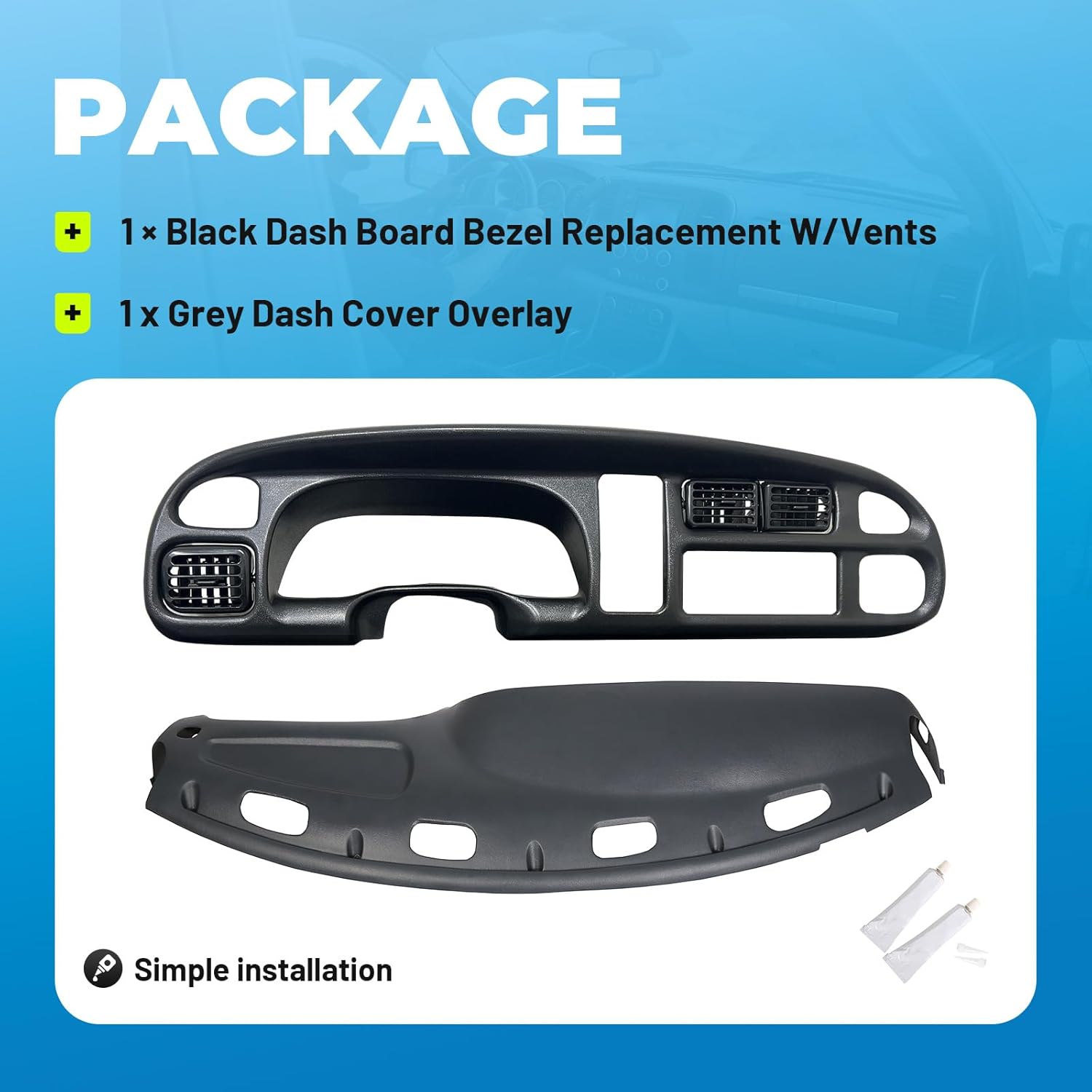 ALMULOO Dash & Bezel Cover Compatible with 1998-2002 Dodge Ram 1500 2500 3500 Trucks Black Dash Board Bezel W/Vents & Grey Dash Cover Overlay - 2 Packages