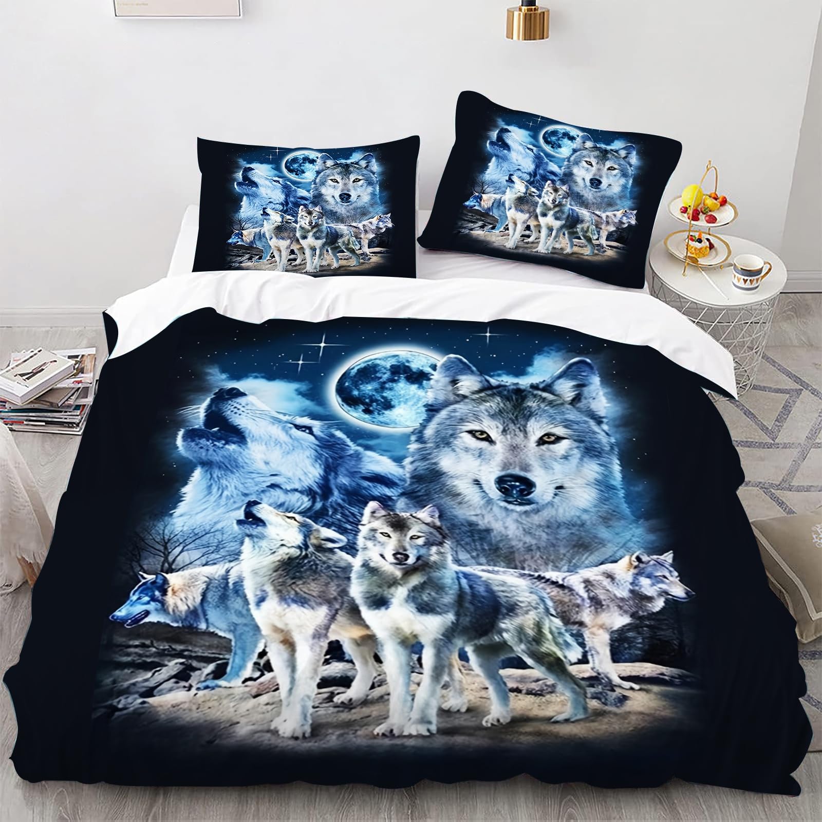 SMchwbc Wolf Bed Linen 135 x 200 cm Children's Animal 3D Wolf Duvet Cover Set for Teenagers, Wolf Bed Linen Set 3-Piece Black Blue with Zip (200 x 200 cm, 5)