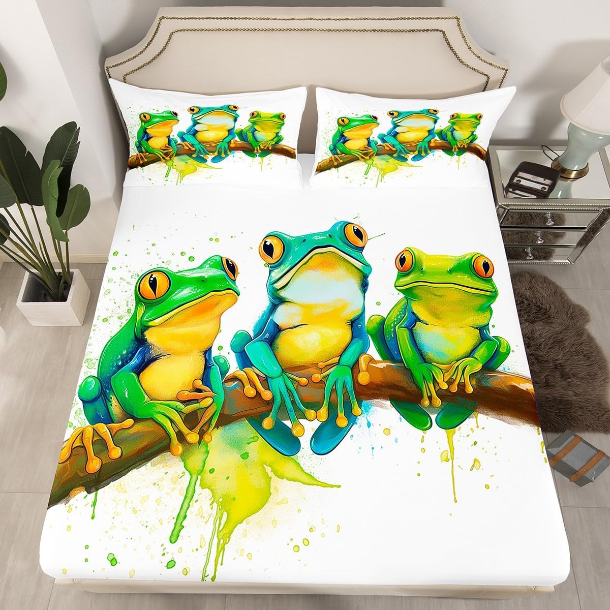 Erosebridal Cartoon Frog Bed Sheets Queen Size, Green Tie Dye Sheet Set, Tree Frog Branch Bedding Set,Reptile Animal Soft Fitted Sheet for Kid Adult, White Room Decor Flat Sheet with 2 Pillowcases