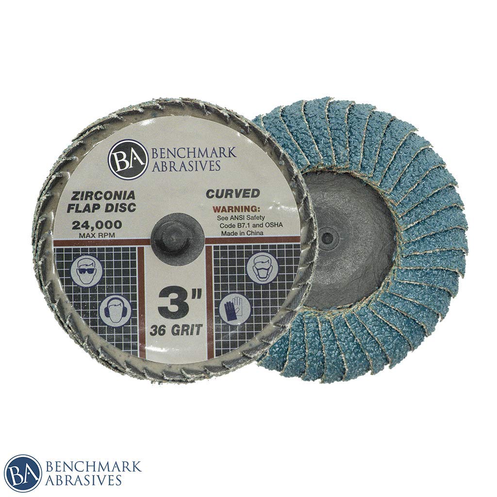 Benchmark Abrasives 3" Quick Change Zirconia Flap Disc Curved Grinding Wheel W/Male R-Type Back Design - Cleaning Finishing Deburring Of Irregular