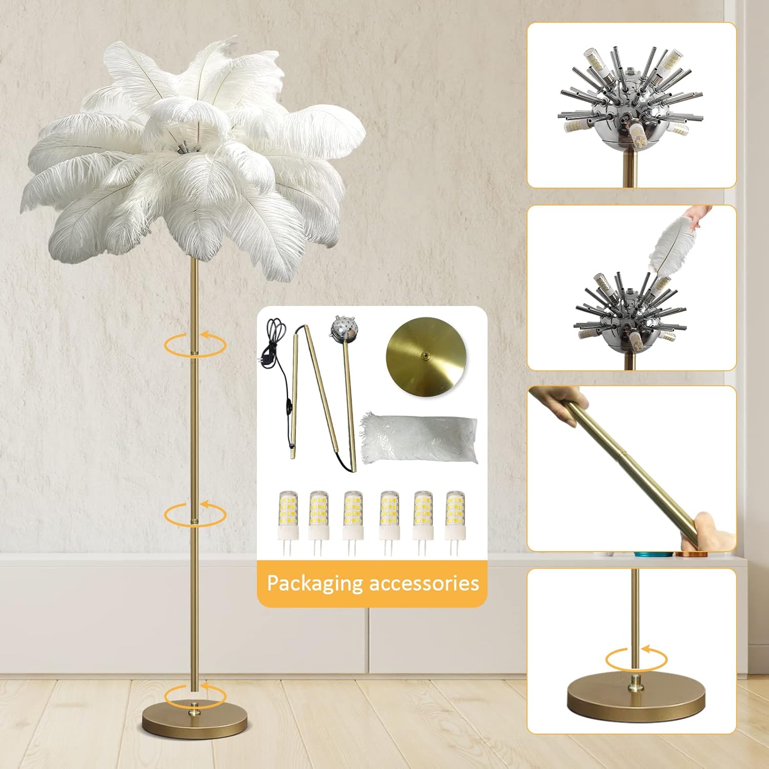 Modern Gold Floor Lamp 48 Ostrich Feather Shade,Dimmable Reading Light Color 6 * 5W LED Bulbs,Ideal for Bedroom,Living Room,Office or Kids Girls Room Foot Switch,63 Inches Tall