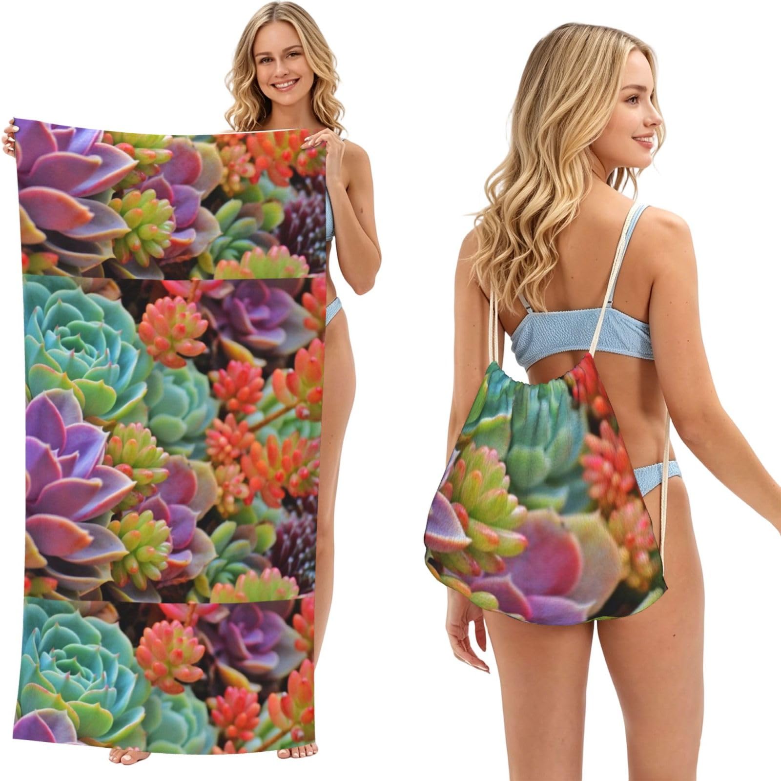 Poadnly As Picture Cute Beautiful Succulents, 2 In 1 Packable Towel Bag, Beach Towels With Drawstring Backpack For Travel Holiday Camping