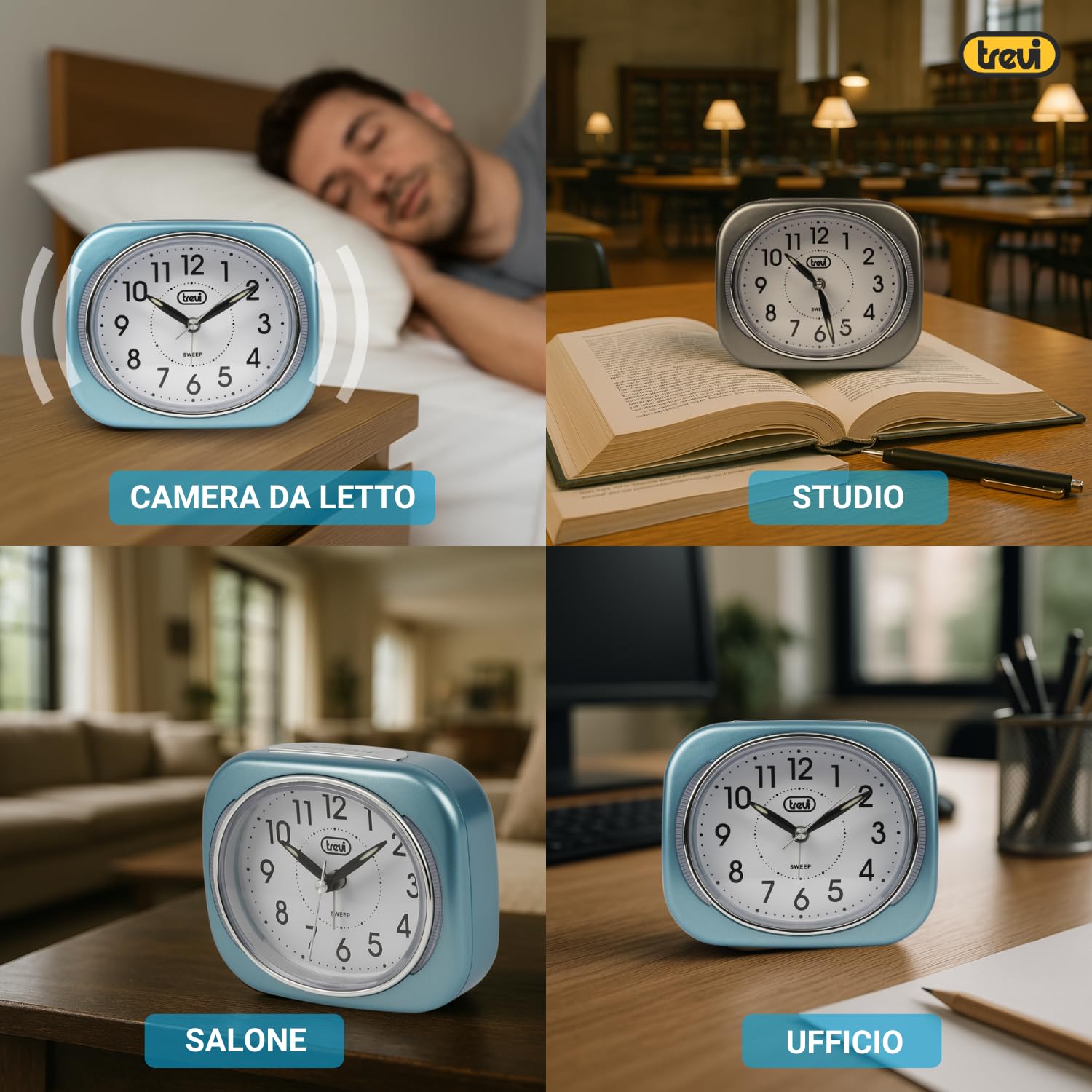 Trevi SL 3040 Sveglia Analogica Silenziosa con Retroilluminazione LED e Ampio Quadrante, Movimento SWEEP Senza Ticchettio, Funzione Snooze, Funzionamento con Batteria Stilo AA, Facile Utilizzo, Blu