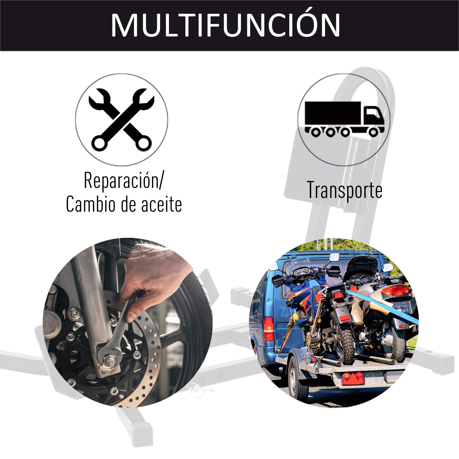 HOMCOM Caballete de Moto Delantera para Ruedas ∅43, 48, 53 cm Negro | Soporte para Rueda Delantera de Moto, Ajustable en 3 Niveles, Metal Robusto