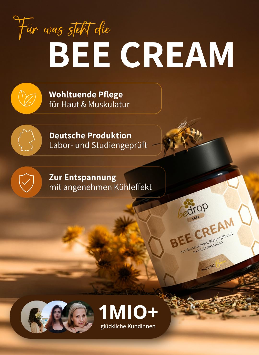 bedrop Bienengiftsalbe hochdosiert (kühlend & wärmend) - Bee Cream Bienengiftcreme für den Körper mit Bienenwachs und 8 Kräuterextrakten, wie Aloe Vera, Ringelblume, Eukalyptus und Rosskastanie 100g