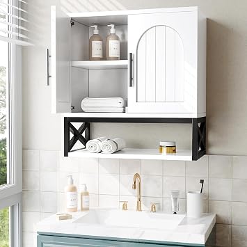 DreamDashio Bathroom Cabinet Wall Mounted with Doors, Adjustable Shelves and Open Shelf, Medicine Cabinet Over The Toilet, Wall Cabinet, Storage Cabinet for Bathroom, Laundry Room, Toilet, White
