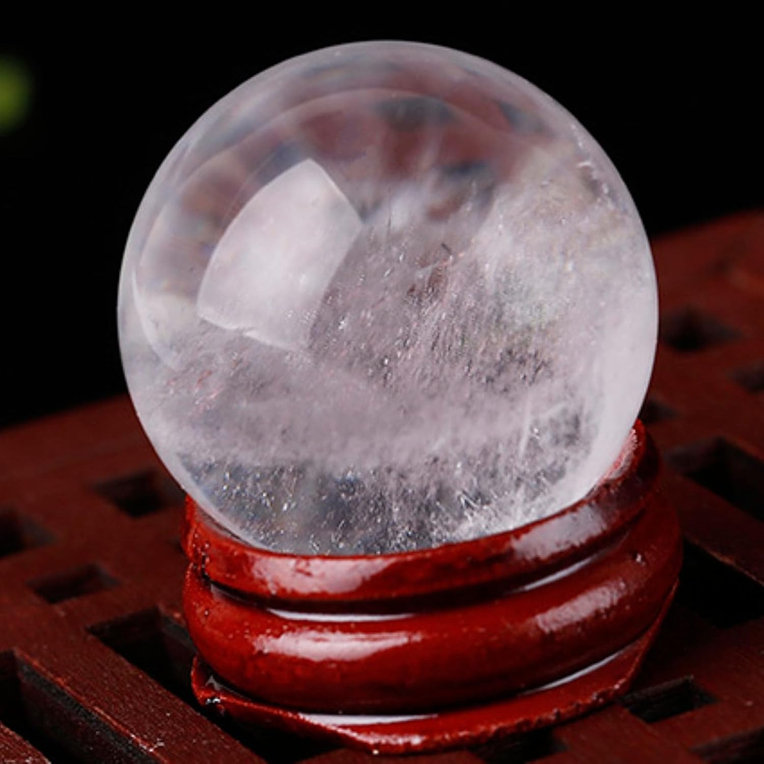 White Clear Crystal Ball Statue Quartz Sphere with Wood Stand Large for Fengshui, Divination,Home Office Decoration,2.36"(6cm)