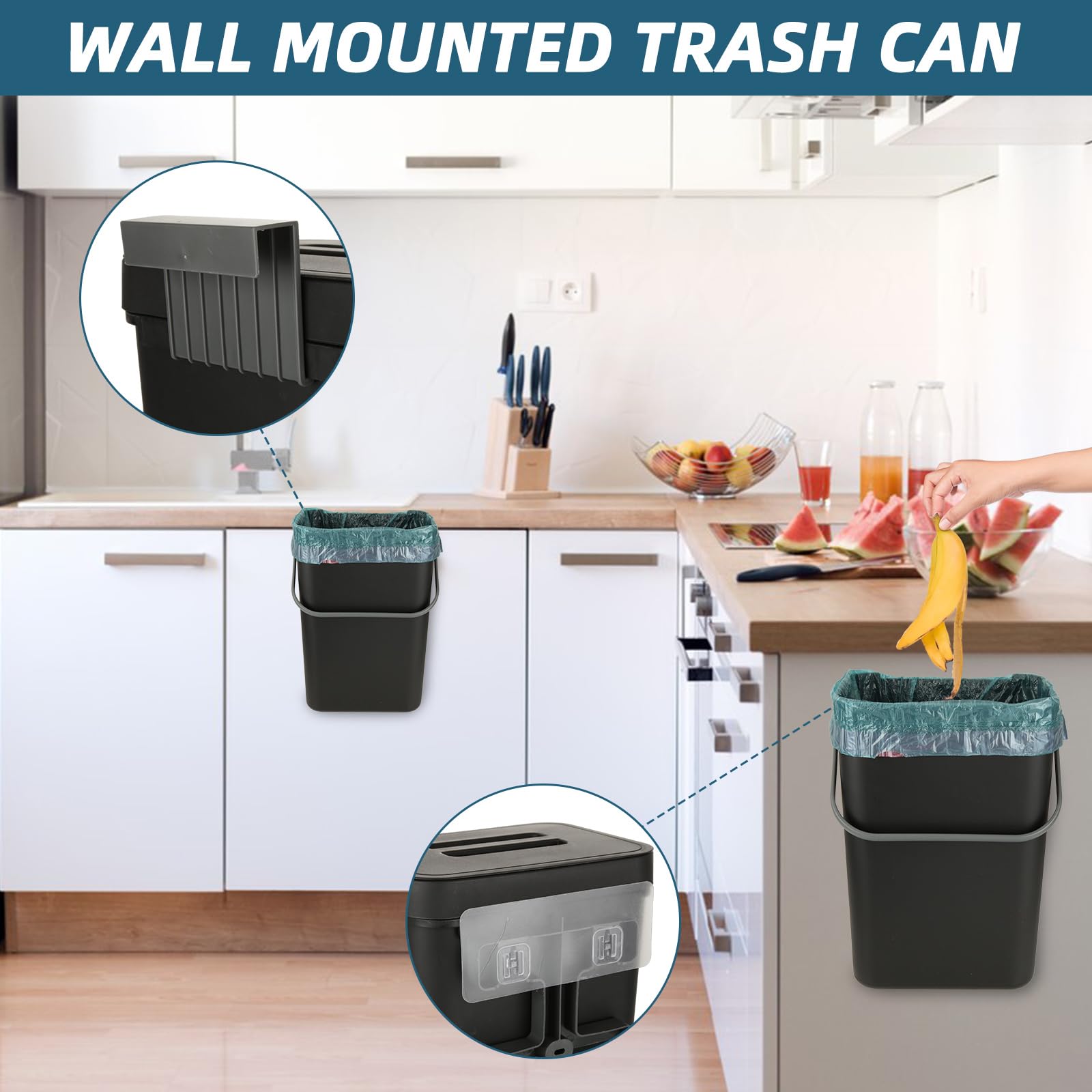 Stonespace Hanging Trash Can, 3.2 Gallon/12L Small Waste Bin With Lid For Kitchen Cabinet Door Or Under Sink, Bathroom Trash Bin With Lid, Food Waste Bin, 1 Pack White