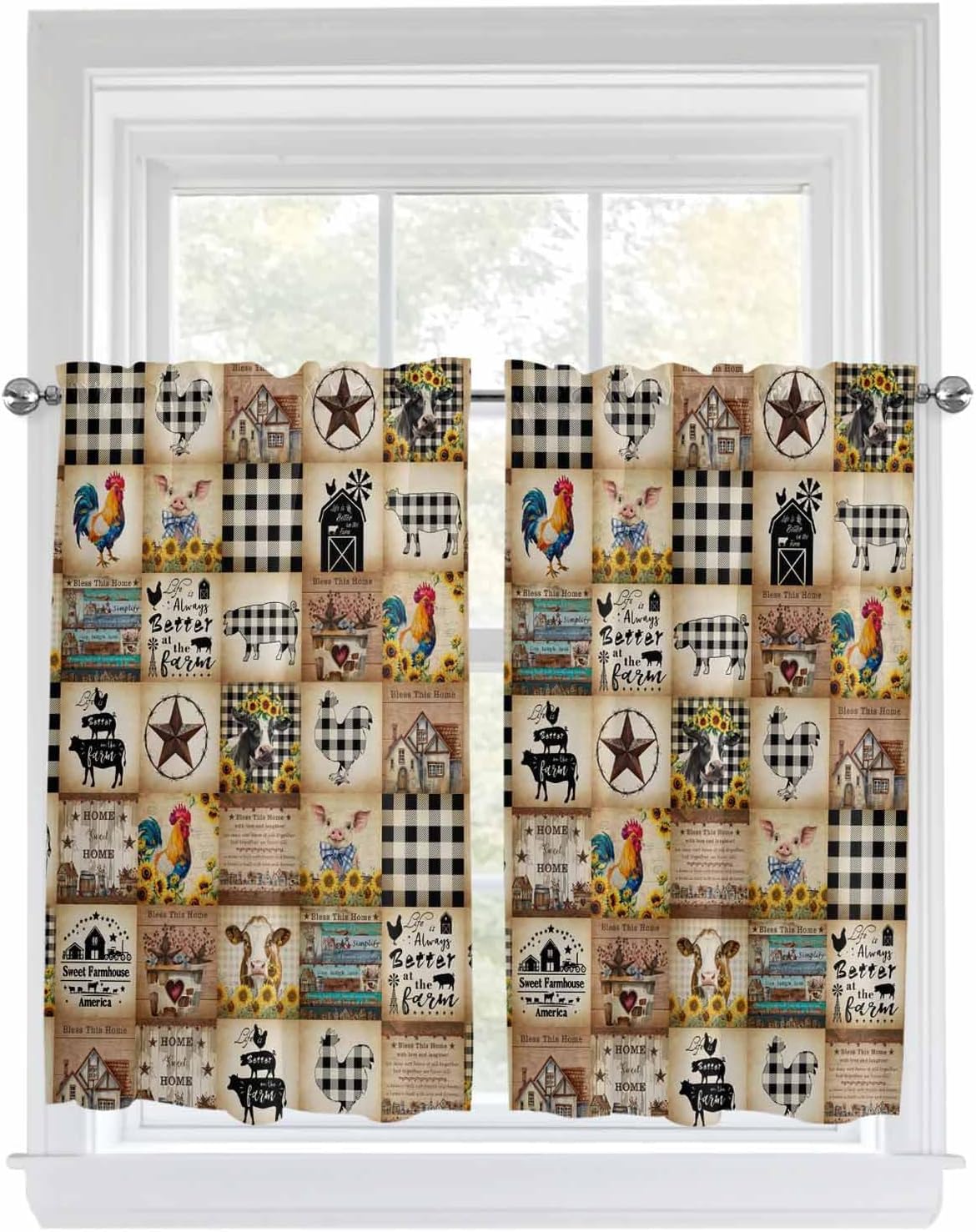 Seven Roses Farmhouse Animals 2 Panel Kitchen Curtains for Windows, Farm Country Cow Pig Rooster Plaid Bathroom Privacy Curtain, Home Décor Window Treatment for Bedroom/Living Room 55"x45"