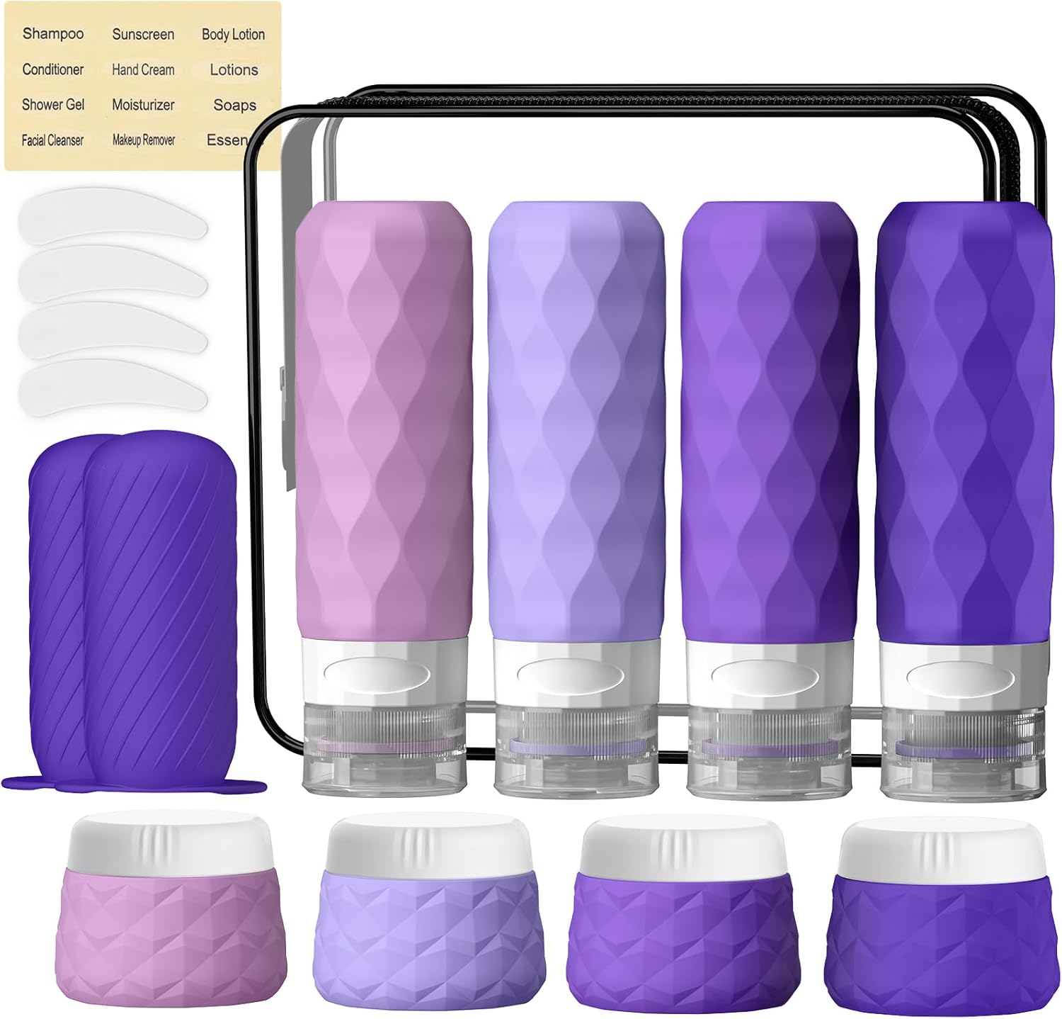 16Pack Travel Bottles for Toiletries, TSA Approved Travel Size Toiletries Containers Set, Silicone Leak Proof Refillable Bottles Elastic Sleeves Creams Jars Accessories Kit W/Clear Bag (Purple)