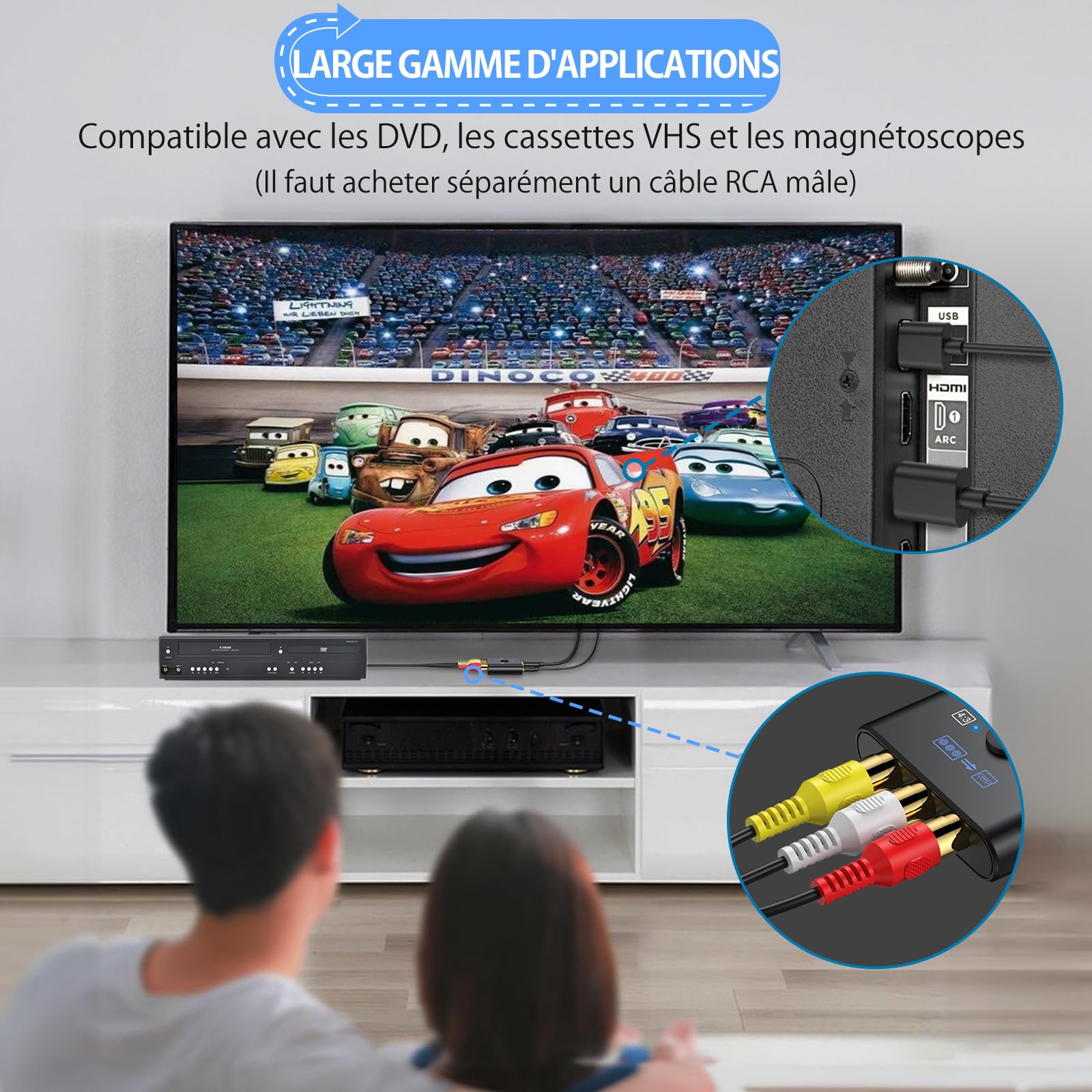CAMWAY Convertisseur AV vers HDMI avec Câble 50cm Adaptateur RCA vers HDMI 1080P/720P (60Hz) pour PS1/PS2/Wii/N64 Commutateur 4:3/16:9 Exclusif Plug & Play Compatible Téléviseurs/Moniteurs