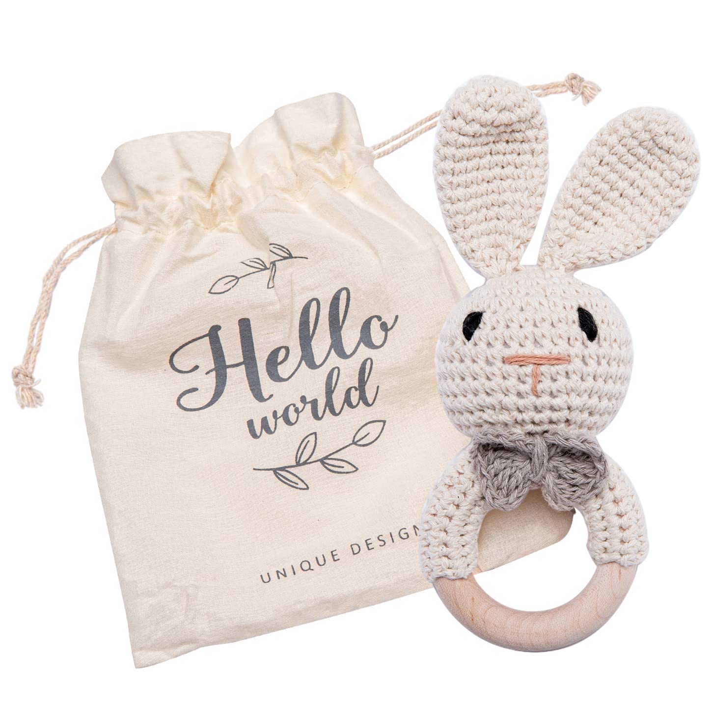 Mamimami Home Knit Sonajero para bebé mordedor de madera, juguete para la dentición del bebé, juguete para masticar de madera, estilo Montessori, anillo de mordedor para animales de ganchillo