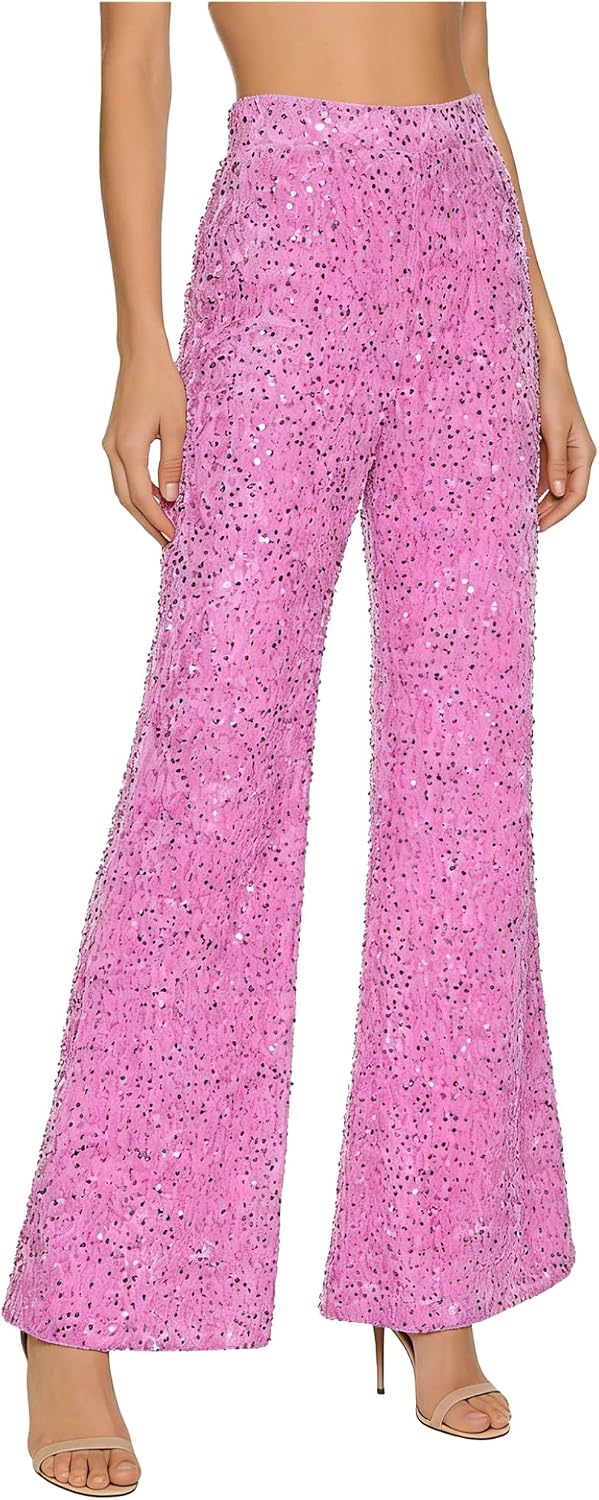 Women Sequins Wide Leg Trousers Shiny Wide Leg Pants Glitter Palazzo Pants Y2K Streetwear Clubwear
