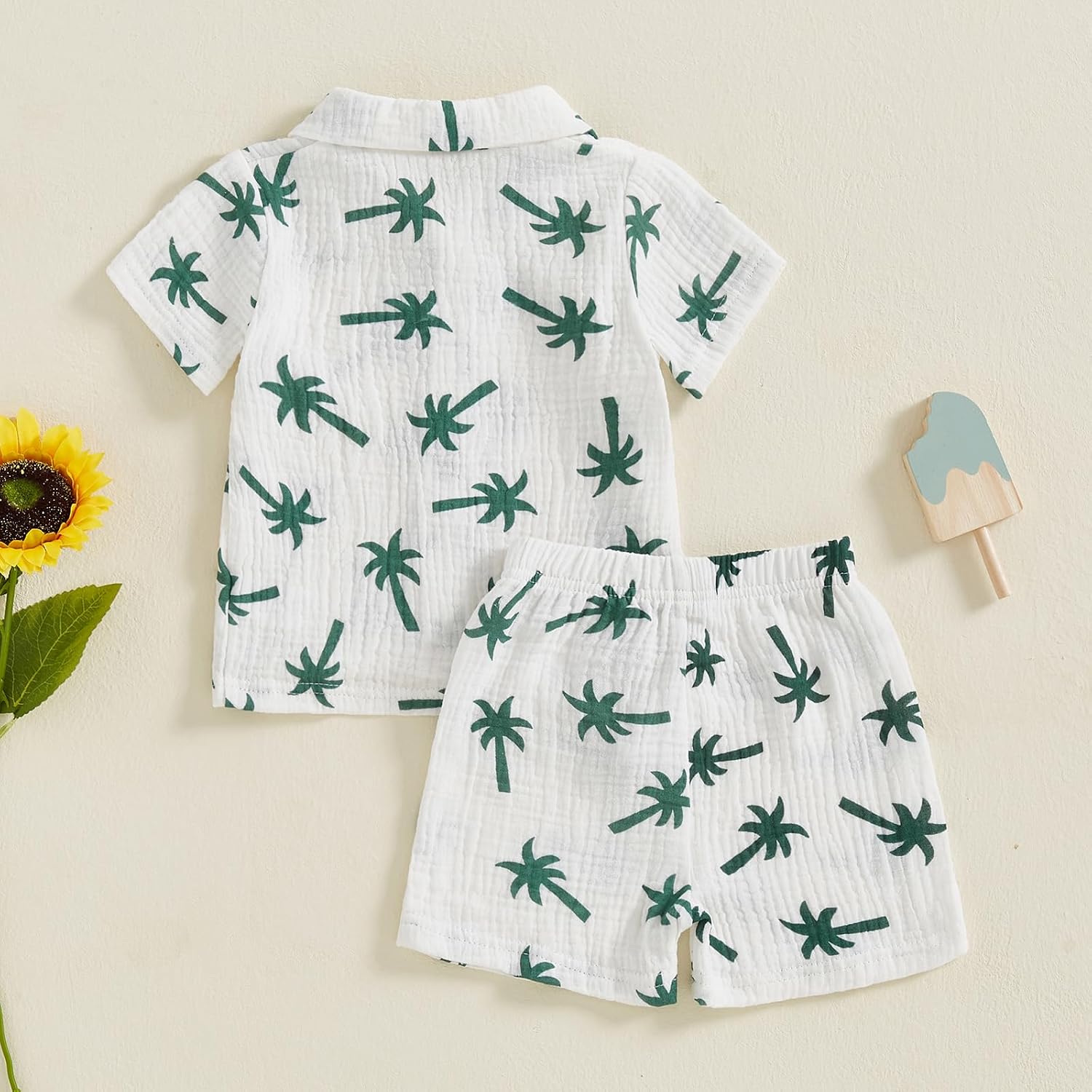 Toddler Baby Boy Summer Outfits Palm Tree Print Button Up T-Shirt and Elastic Shorts Set Cute Infant Clothes