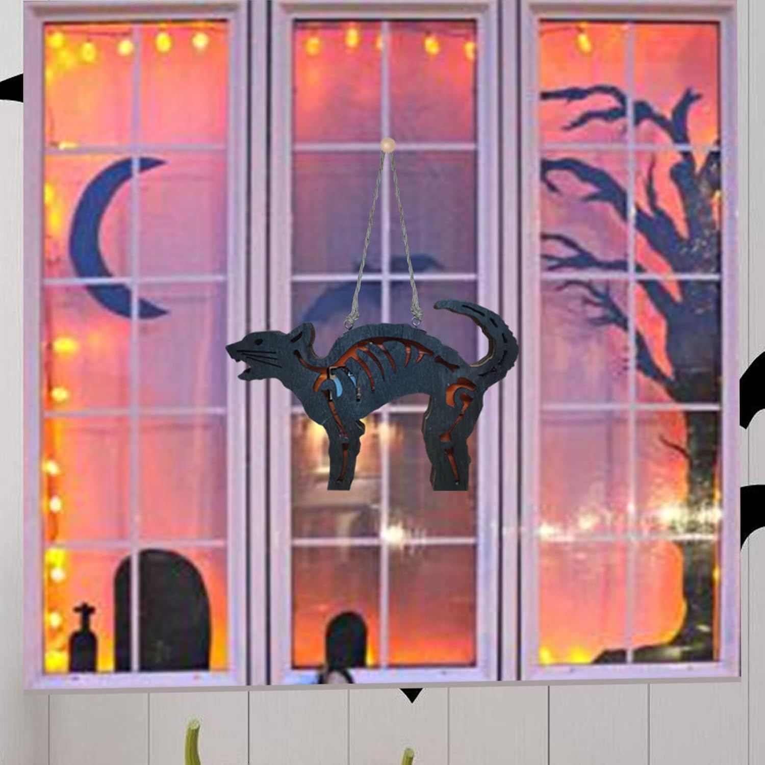 ハロウィン LED ライト - 黒猫ペンダント LED ランタン | ハロウィン クリスマス パーティーの装飾、屋外の庭の装飾