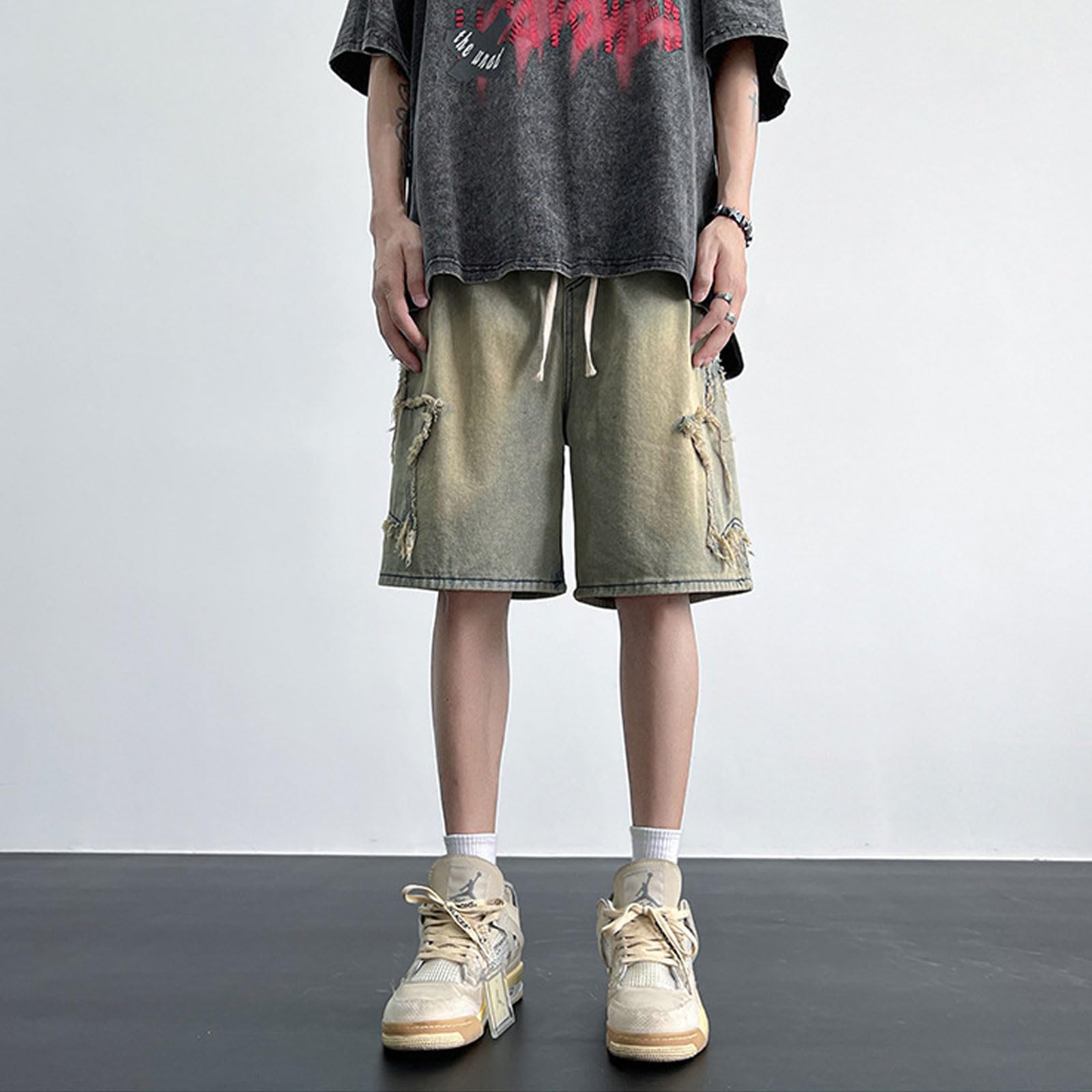 Pantalones cortos de mezclilla bordados Y2K para adolescentes y niños, pantalones cortos de mezclilla con cordón, cintura elástica, pantalones cortos holgados