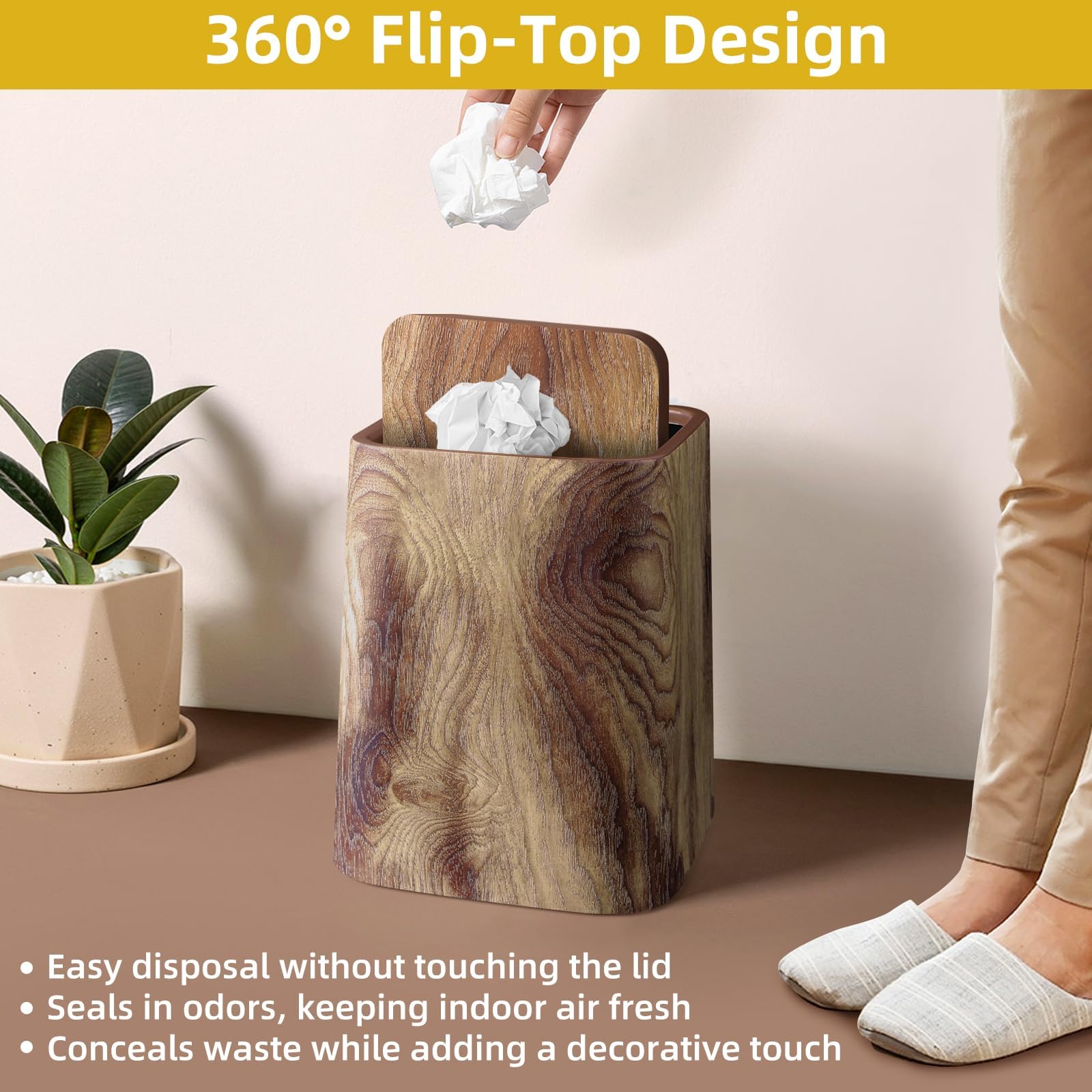 Condition photo showing New/Like New for Wood Grain Plastic Trash Can Swing Top Lid, 4Gal/15L Farmhouse Wastebasket Bin Retro Style with Inner Bucket, Bathroom Trash Can Hidden Bag for Room Aesthetic, Square Brown Garbage Can 2pack