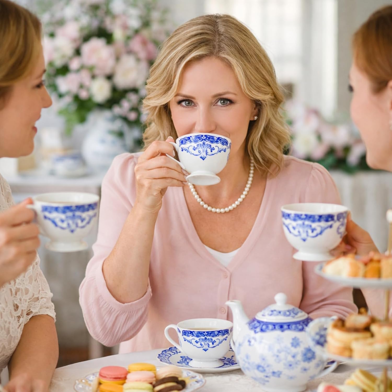 6 Set Floral Tea Cups and Saucers 7 oz Vintage Porcelain Coffee Cups Set Ceramic Cup with Saucers for Tea Party Wedding Bridal Shower Decoration Gift (Blue)