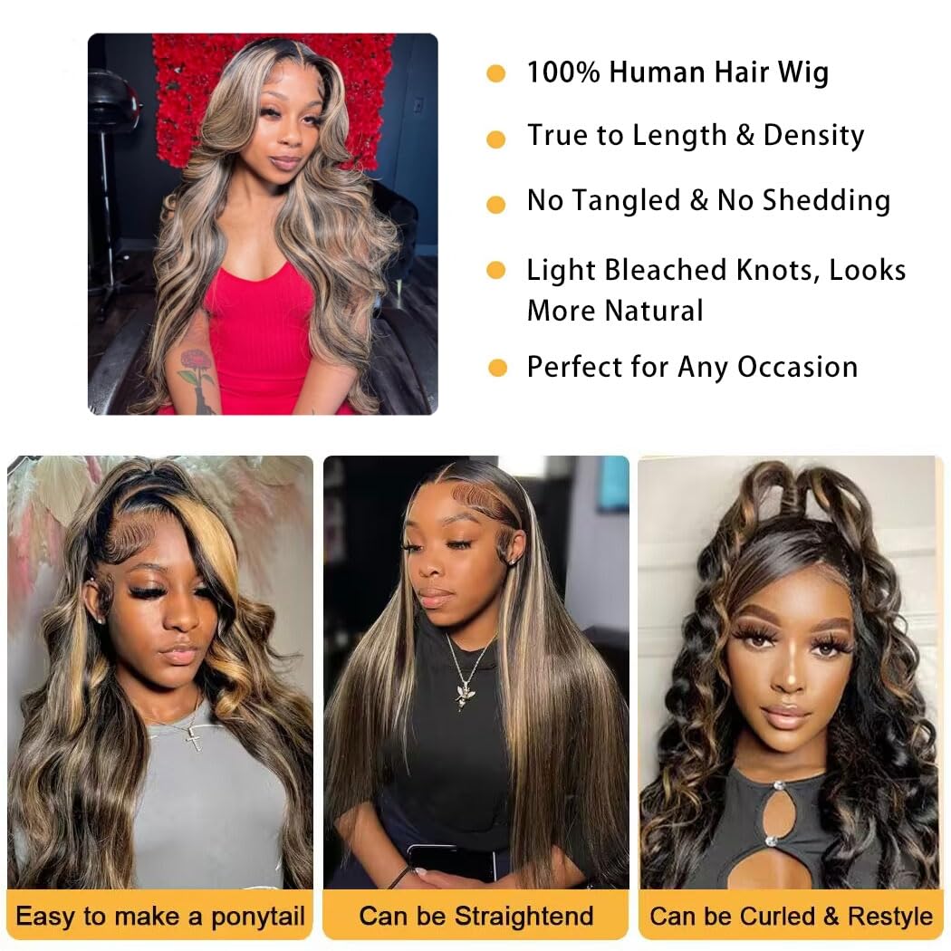 100 Percent Human Hair Honey Blonde Lace Front Wig 220% Density 13x4 Body Wave 4/27 Highlight HD Lace Front Wigs Human Hair Pre Plucked Balayage Colored frontal Wigs Human Hair for Women