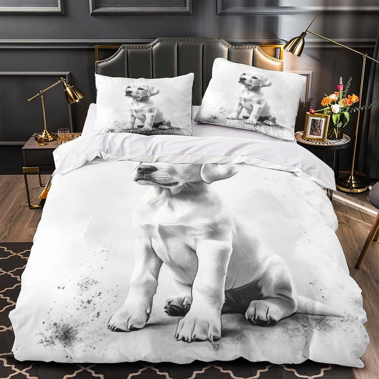 Housse de couette chiot mignon 3 pièces lit 1 personne lavable fermeture éclair