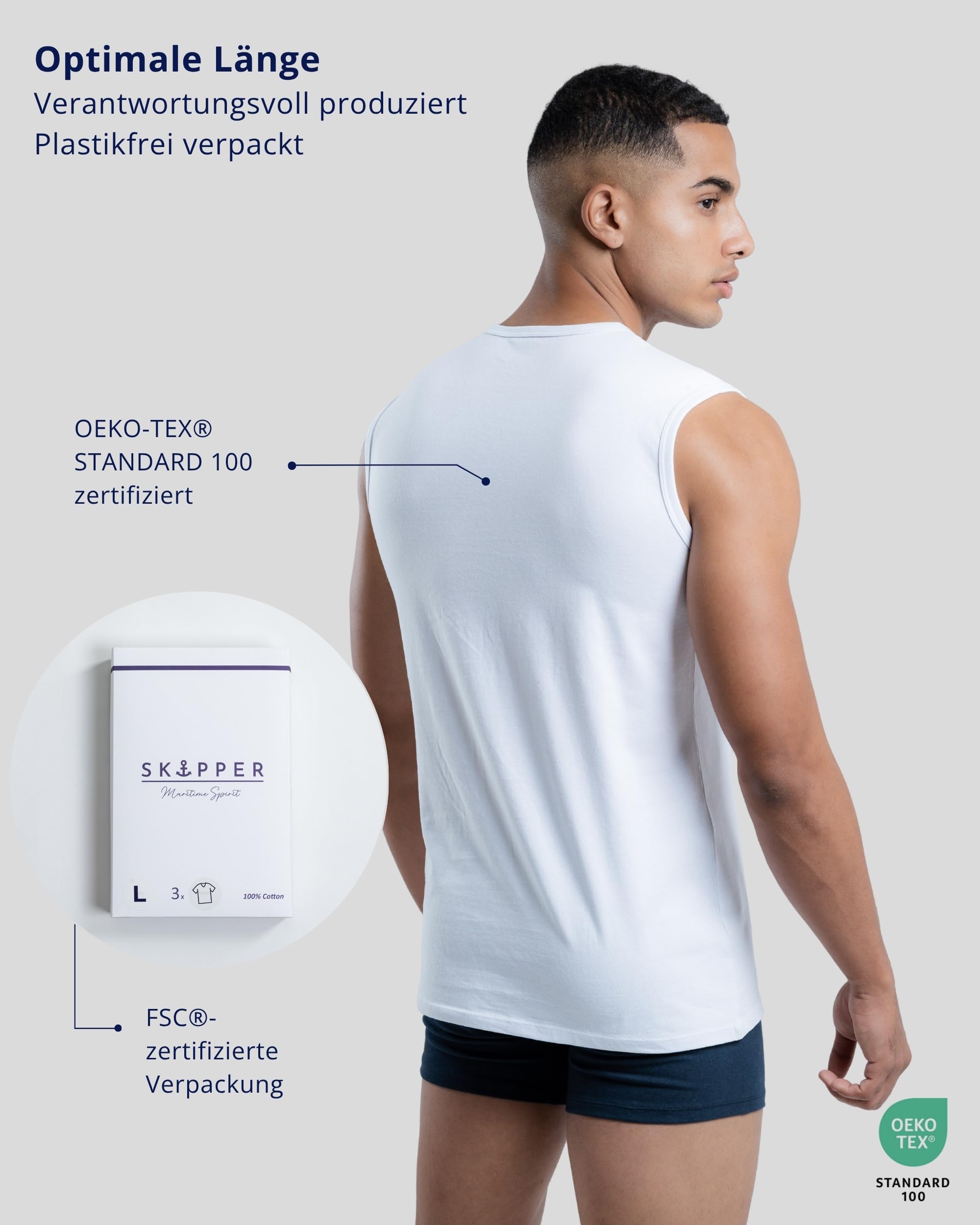 SKIPPER 3er Pack Herren Tank Top Ärmellose T-Shirts Weiß – Stretch Baumwolle, atmungsaktiv & formstabil – Slim Fit S-3XL