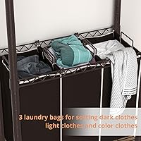 Vista 5 de Organizador de lavandería de 3 secciones con barra colgante, carrito de lavandería con ruedas, organizador de cestas, estante colgante, ruedas