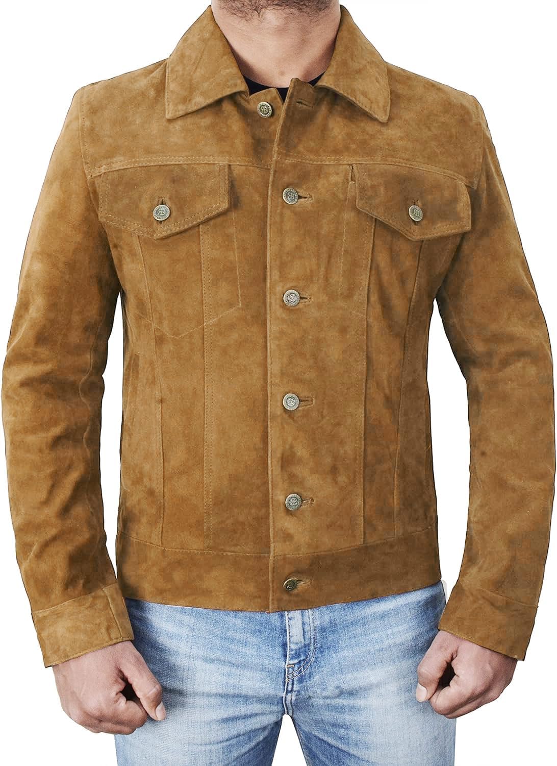 SpazeUp Men's Suede Leather Jacket - Western Style Cowboy Trucker Leather Jackets for Men