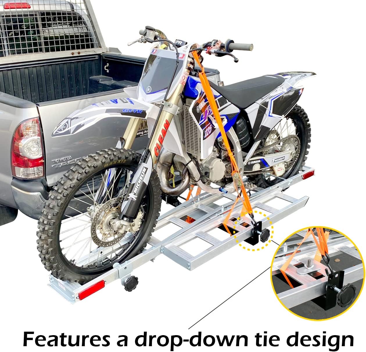 MaxxHaul 50937 Hitch Mounted Aluminum Motorcycle Dirt Bike Carrier with Ramp 400 Lbs Capacity, with Hitch Tightener and Visibility Tie Downs
